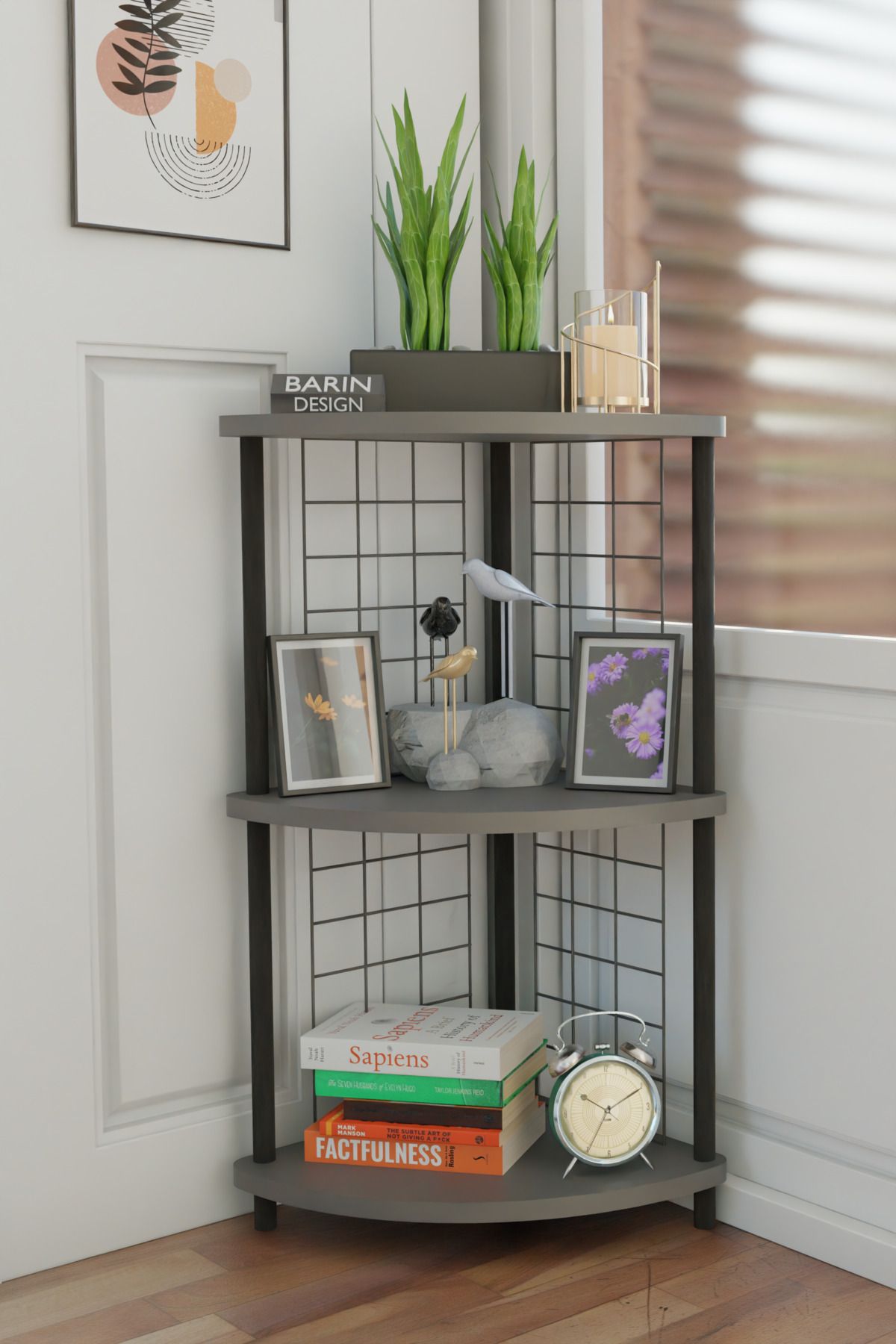 BARIN DESIGN 3Raflı Metal Telli Köşe Kitaplık Çevir-Kur Raf Ünitesi Modern Salon Dekoratif Raf Ofis Çalışma Odası