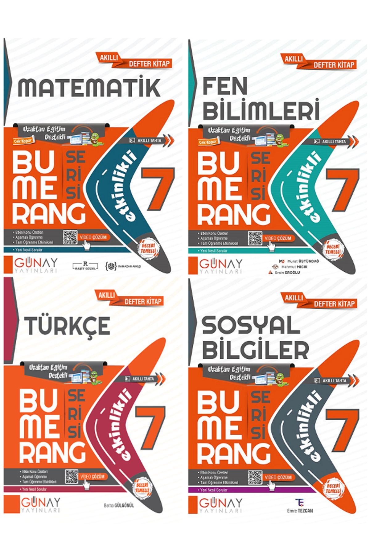 Evrensel İletişim Yayınları 7.Sınıf Günay Bumerang Matematik + Fen + Türkçe + Sosyal Bilgiler Akıllı Defter Kitap / 4 KİTAP SET