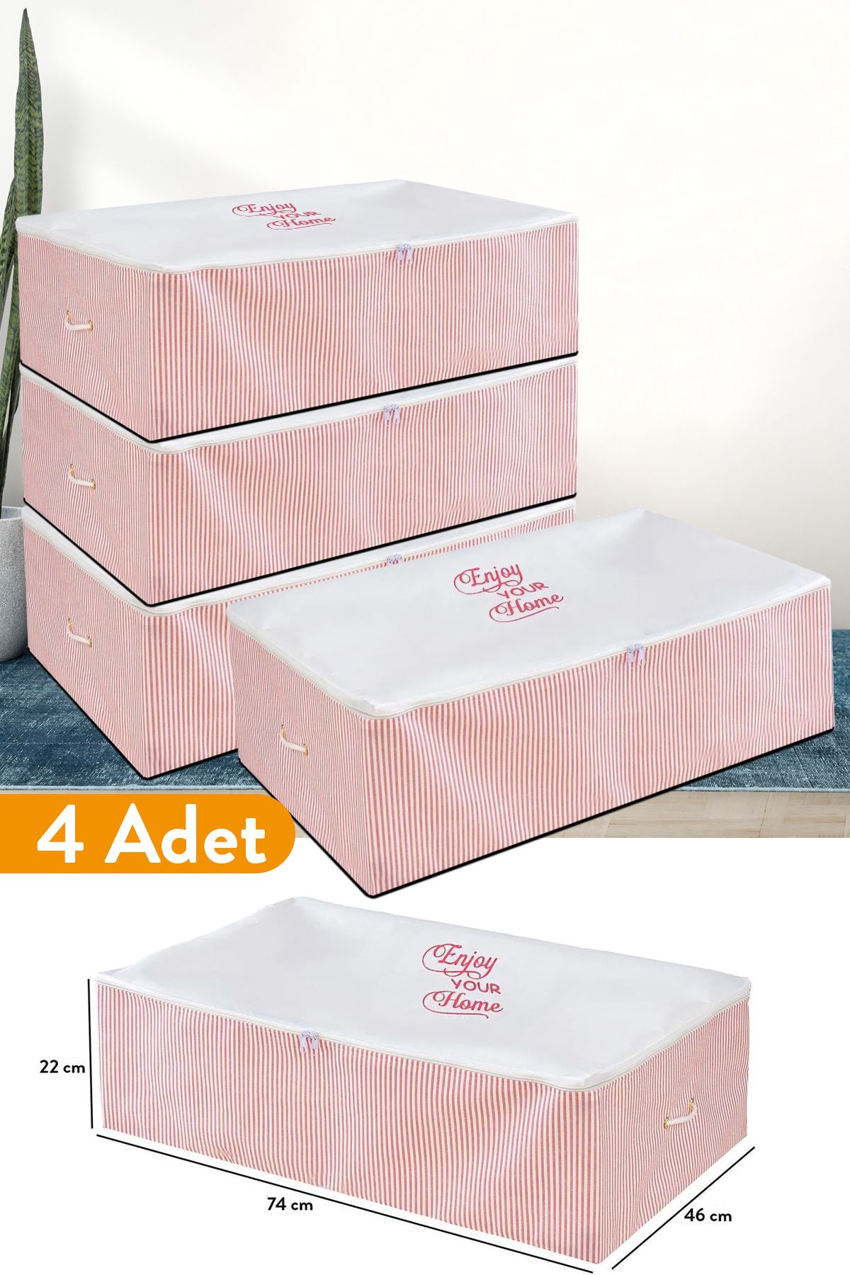 teknotrust 4'lü Pembe Çizgili Mega Boy Baza Altı Hurç, 74x46x22 cm, şık ve kullanışlı set