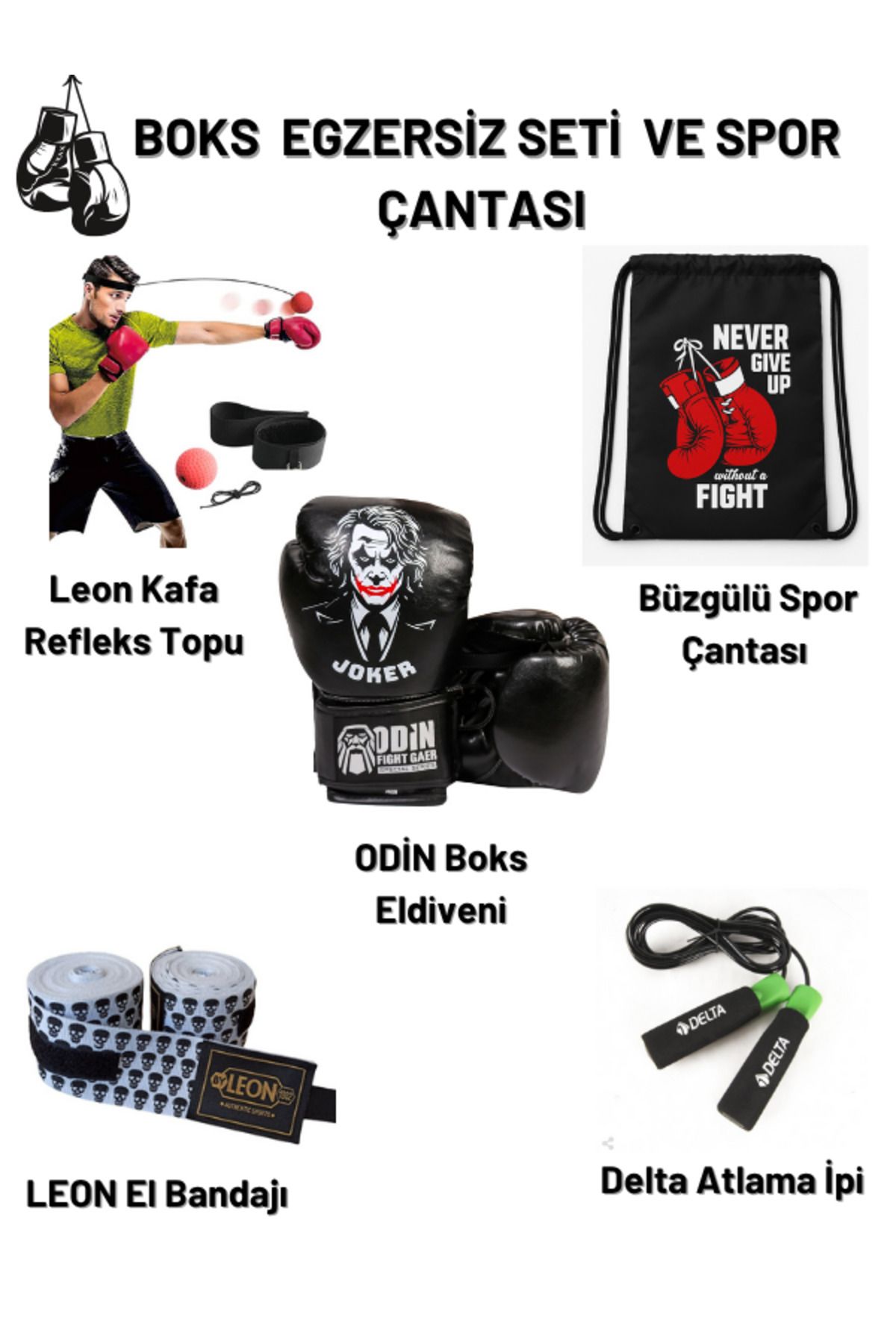 Odin ODİN - BOKS ELDİVENİ-BÜZGÜLÜ ÇANTA - 5M EL BANDAJI -KAFA REFLEKS TOPU- ATLAMA İPİ