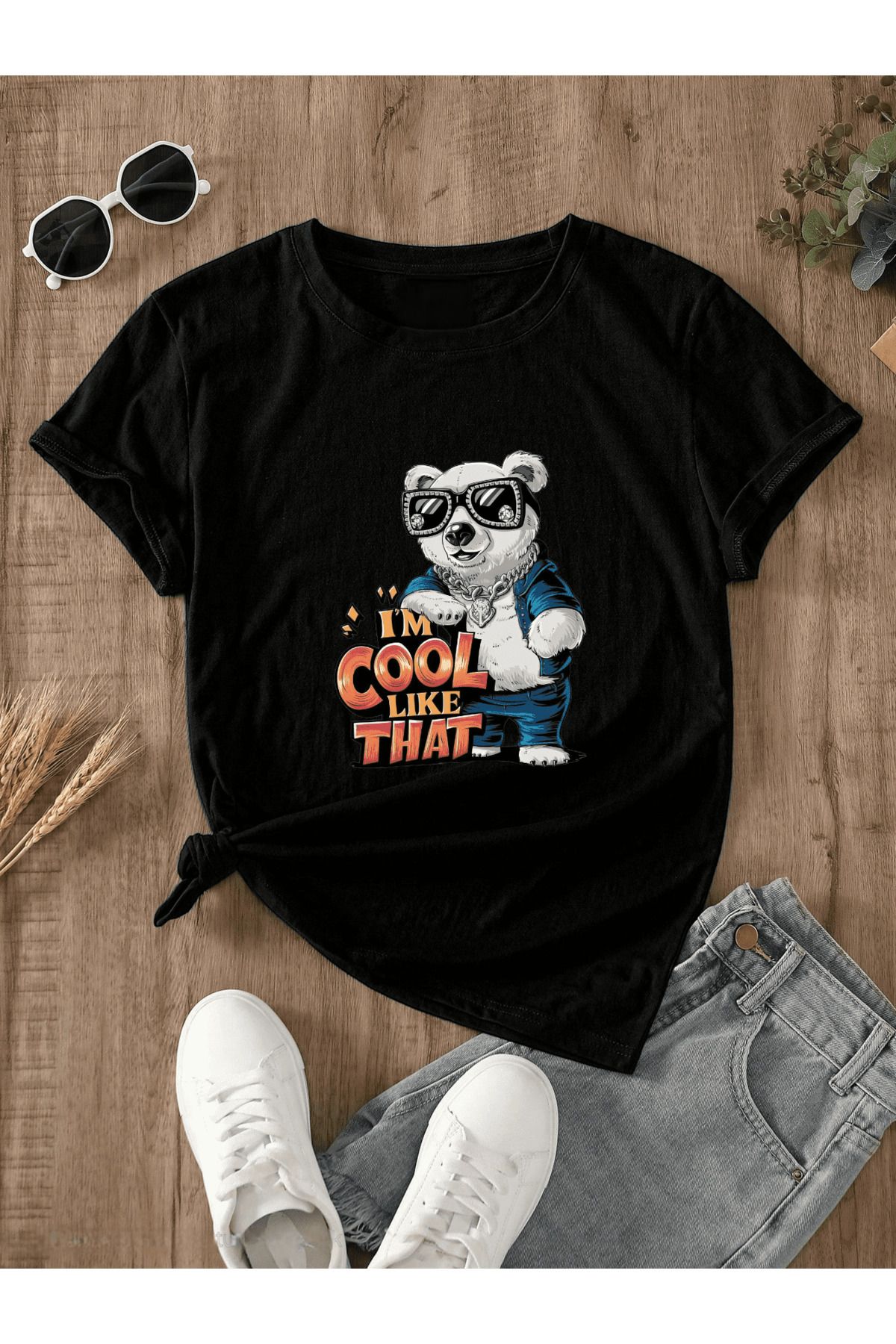 ELNOYA Unisex Pamuklu Siyah Oversize "Cool Ayı" Baskılı Bisiklet Yaka Rahat T-shirt