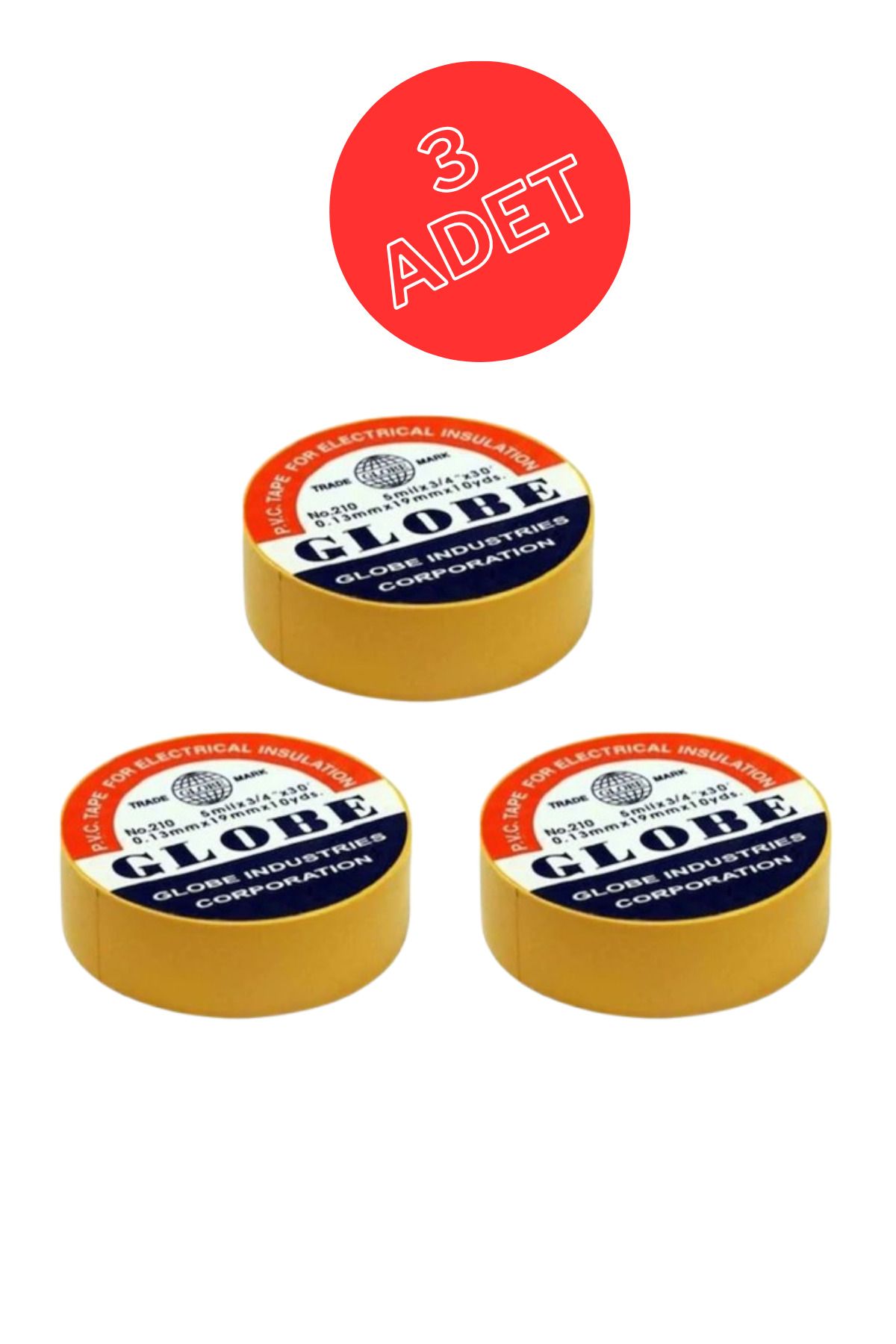 Globe 3 Adet Pvc İzolasyon Elektrik Bant "0.13xmm19xmm10yds" (SARI)