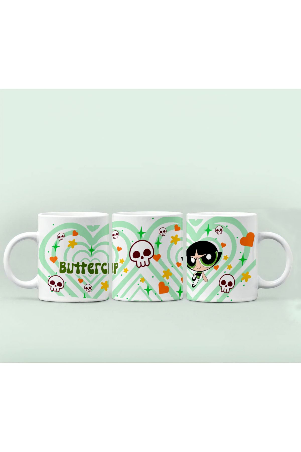 GünayStore PowerPuff Girls - Bubbles- Buttercup Blossom Kalp Detaylı Kupa Bardak 300 ml