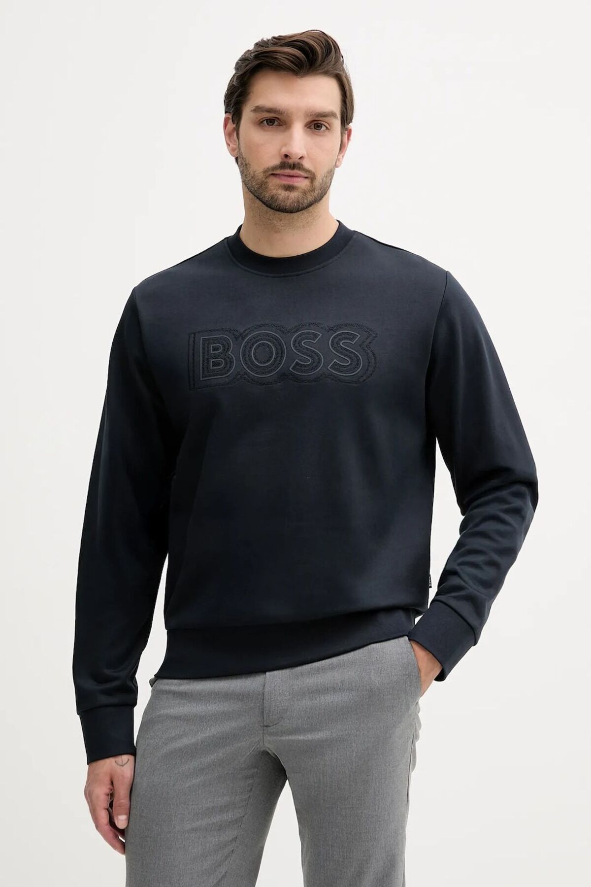 BOSS Erkek Bisiklet Yaka Uzun Kol Boss Yazı Desen Pamuklu Lacivert Sweatshirt 50543914-404