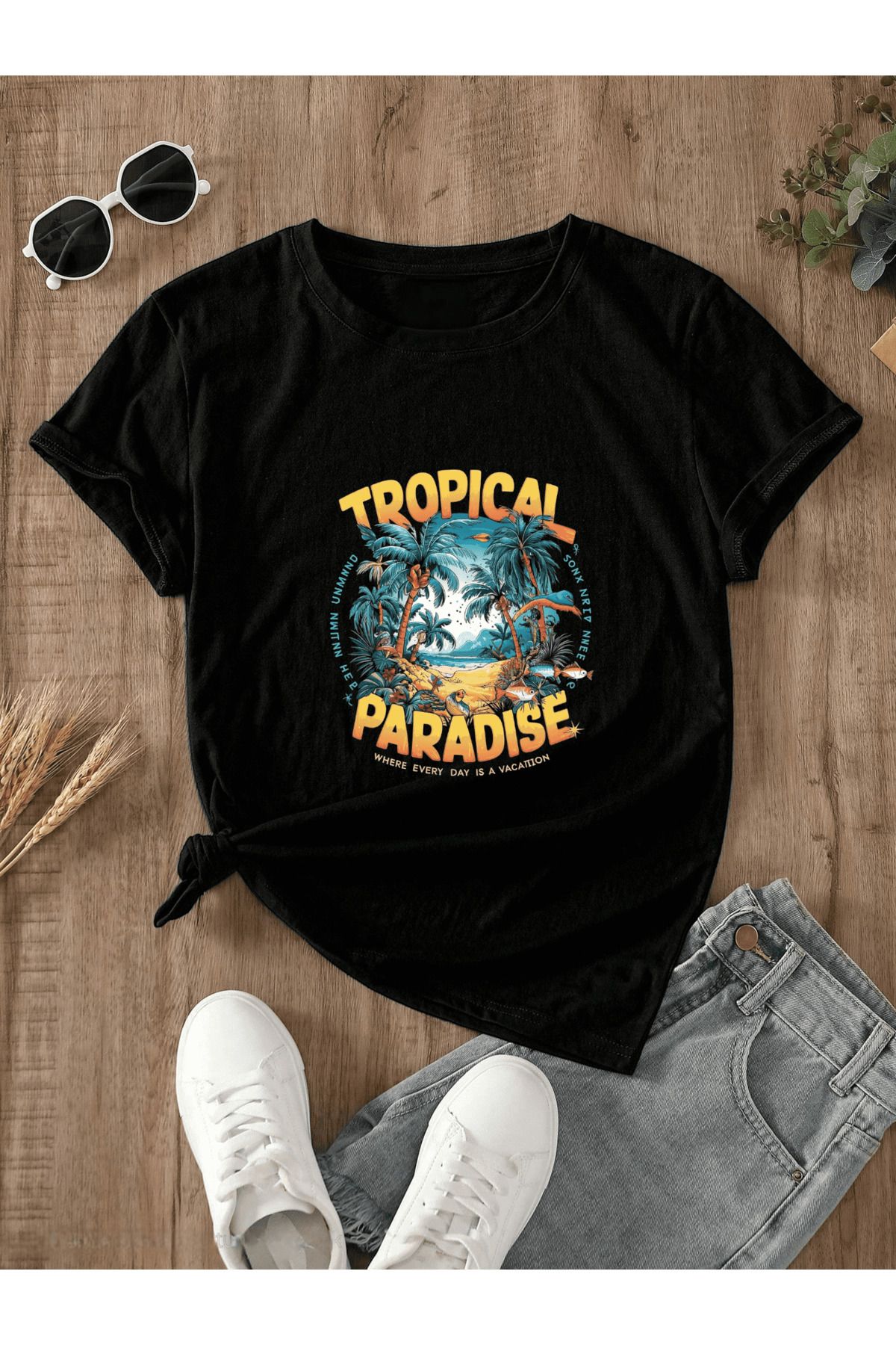 ELNOYA Unisex Pamuklu Siyah Oversize "Paradise" Baskılı Bisiklet Yaka Rahat T-shirt
