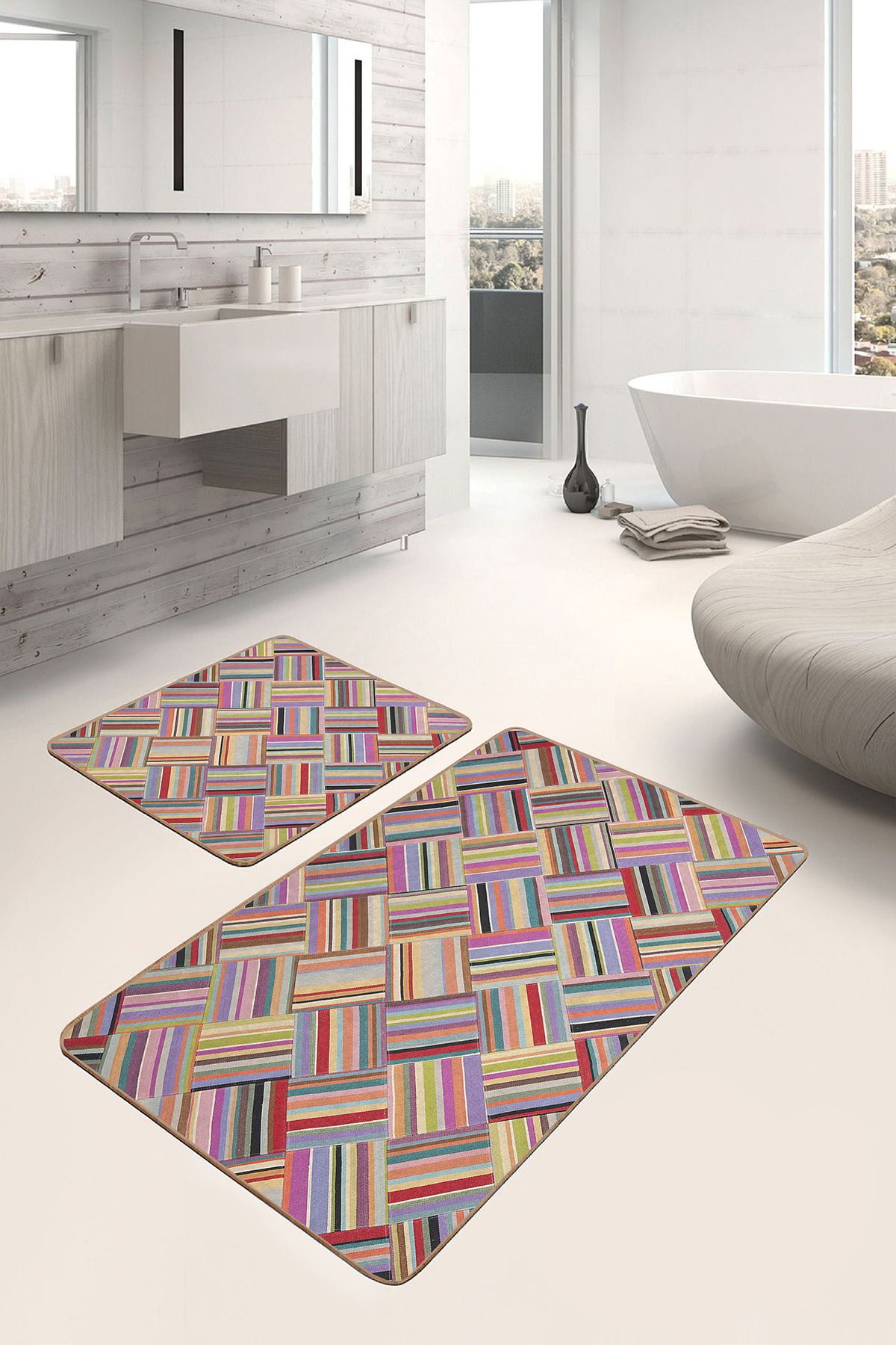 Realhomes Çok Renkli Zeminde Patchwork Motifli Geleneksel Geometrik Klasik 2'li Banyo & Mutfak Paspas Takımı