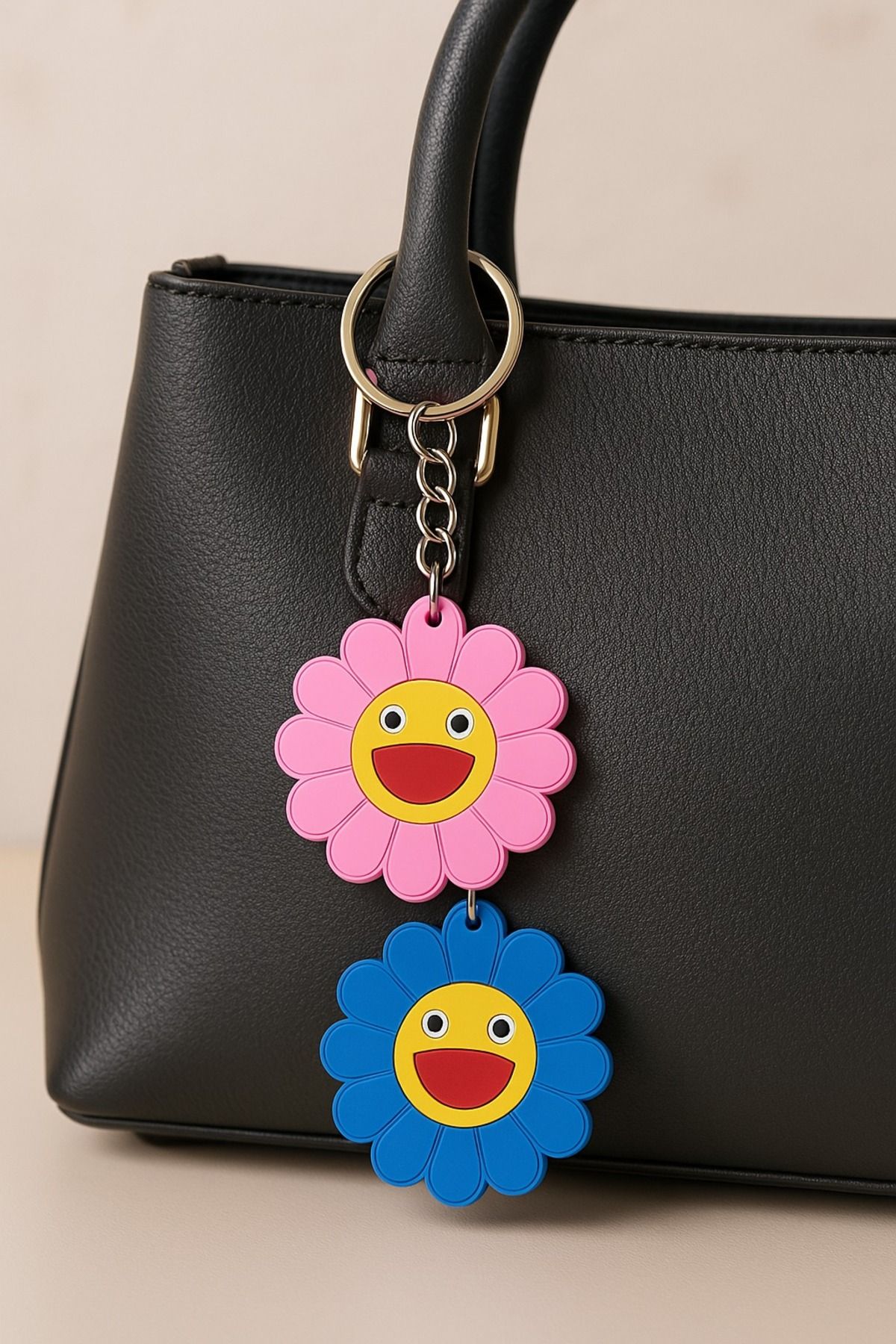SİLİKON Sevimli Çiçek Desenli Papatya Güneş Anahtarlık 2'li Set – Pembe & Mavi