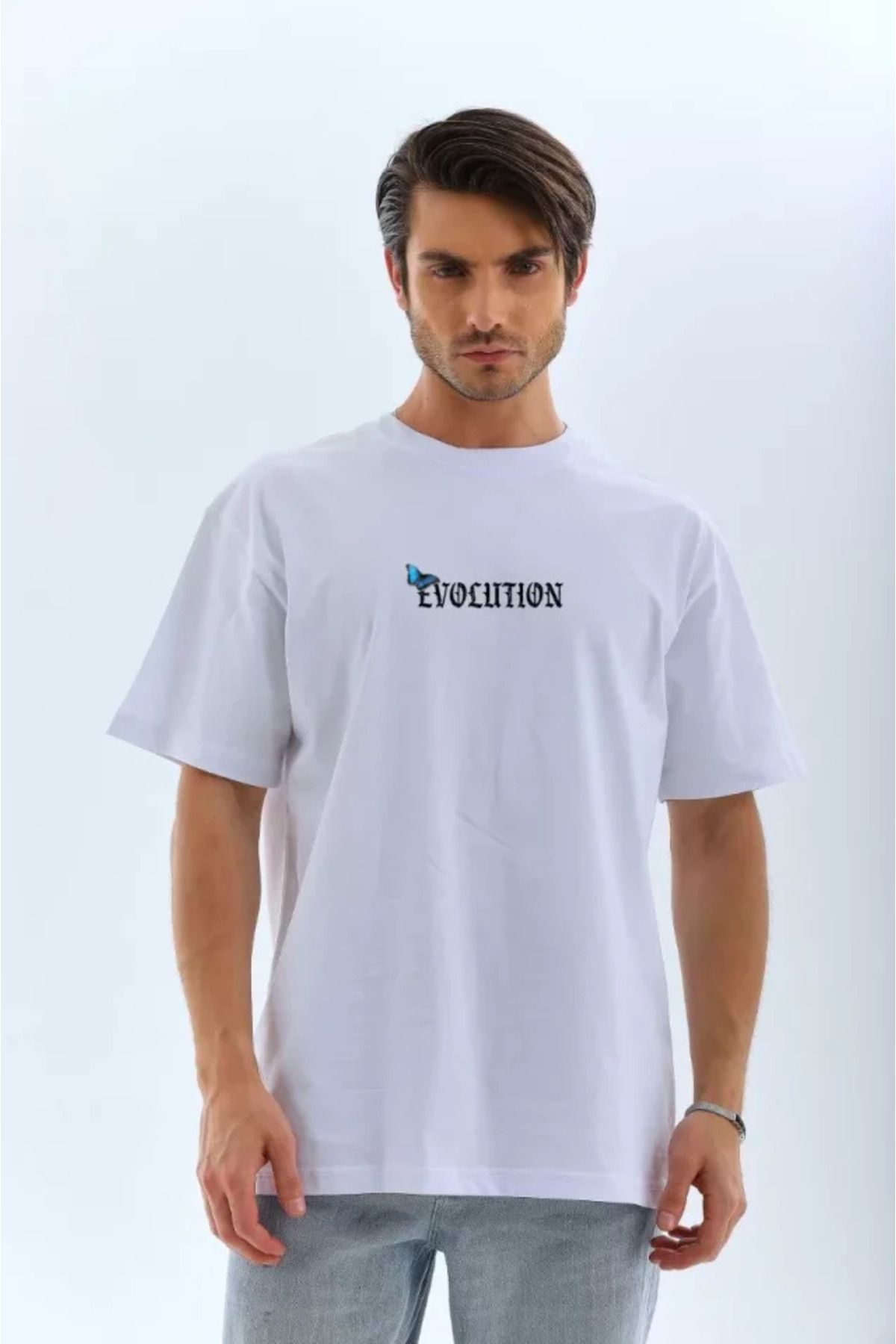 ETİLER COLLECTION Unisex Bisiklet Yaka Baskılı Oversize T-Shirt - Beyaz