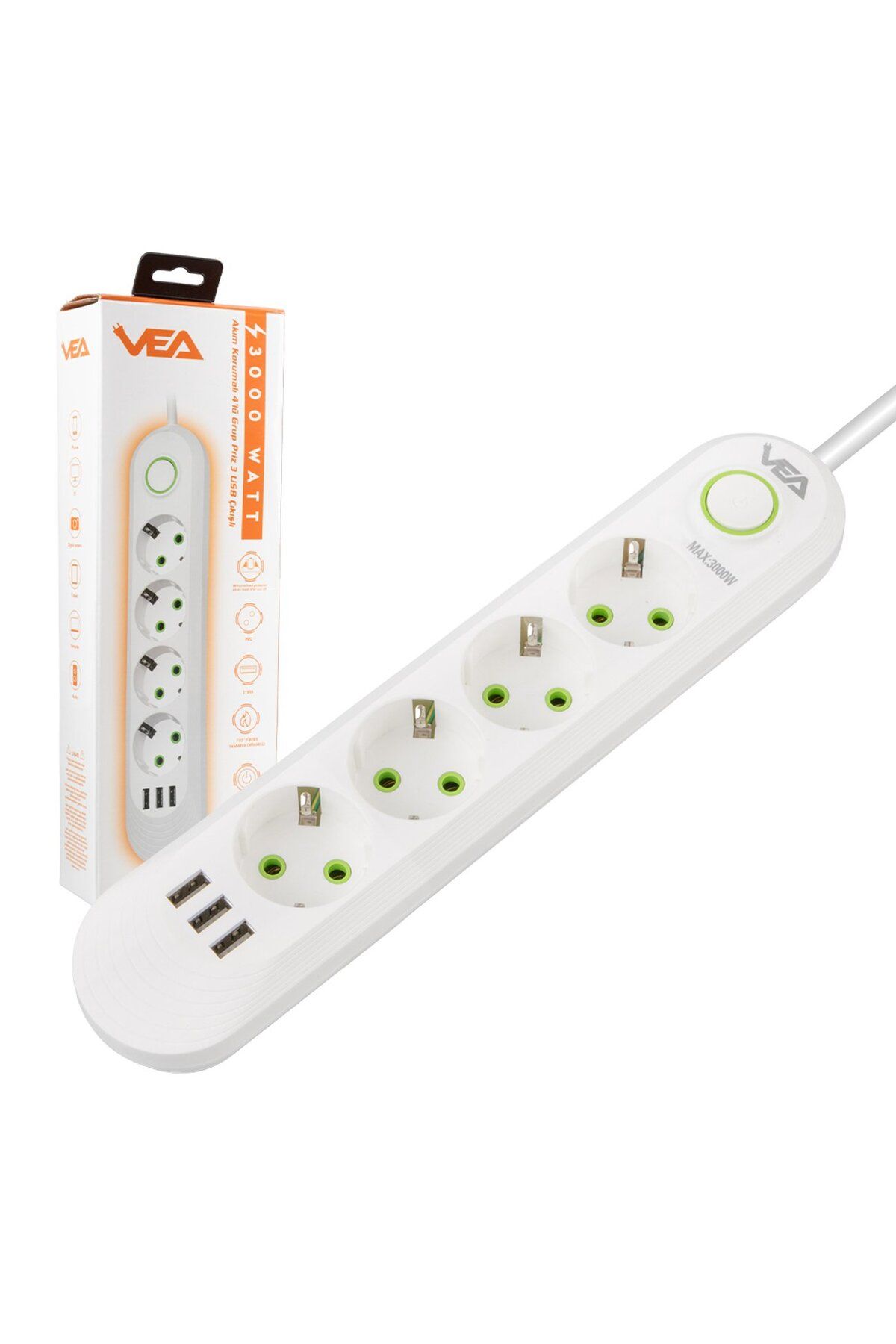 abnturk 5’Li 1.5 Metre Kablolu 3 Usb’li Beyaz Akım Korumalı Priz