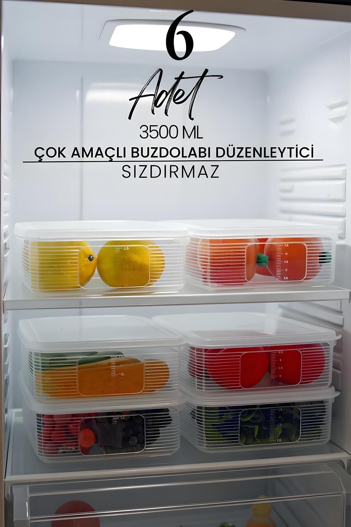 Justyol 6 Adet 3500 ml Sızdırmaz Kapaklı Buzdolabı Düzenleyici Saklama Kabı Seti - Dikdörtgen Organizer