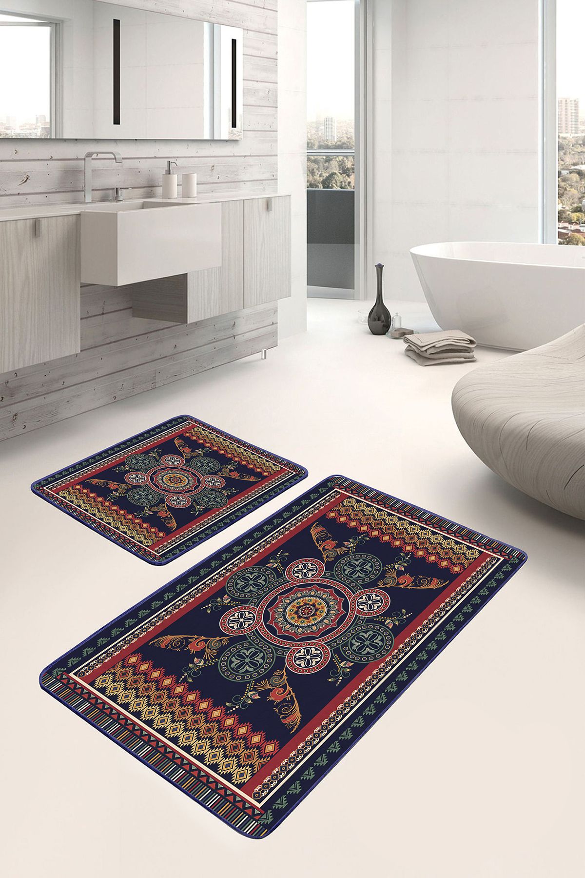 Realhomes 2'li Set Lacivert Zeminde Antik Motifli Dokuma Halı Avangarde Vintage 2'li Banyo Paspas Takımı