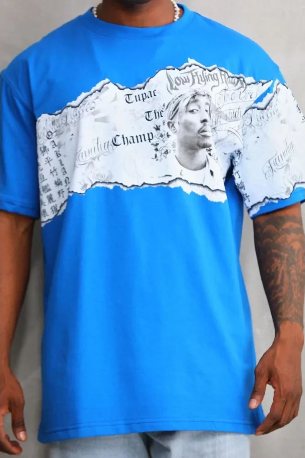 ETİLER COLLECTION Unisex Bisiklet Yaka Baskılı Oversize T-Shirt - Mavi