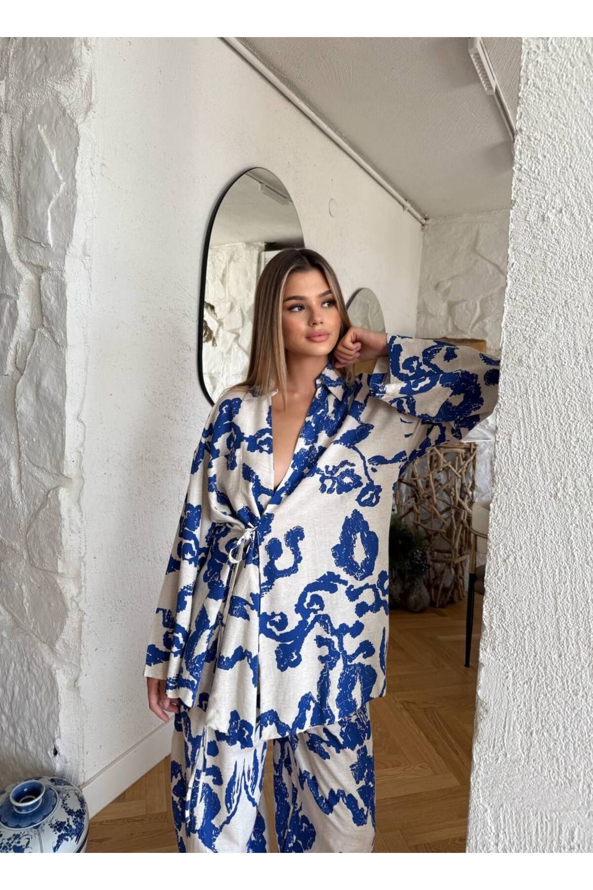 Lady Pixie Yandan Bağlamalı Desenli Keten Kimono Pantolon Takım