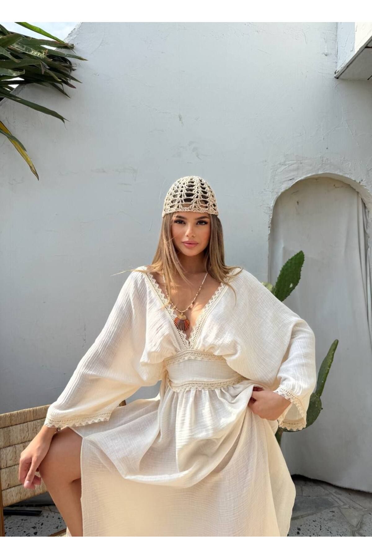Lady Pixie Kadın Dantel Detaylı Müslin Elbise