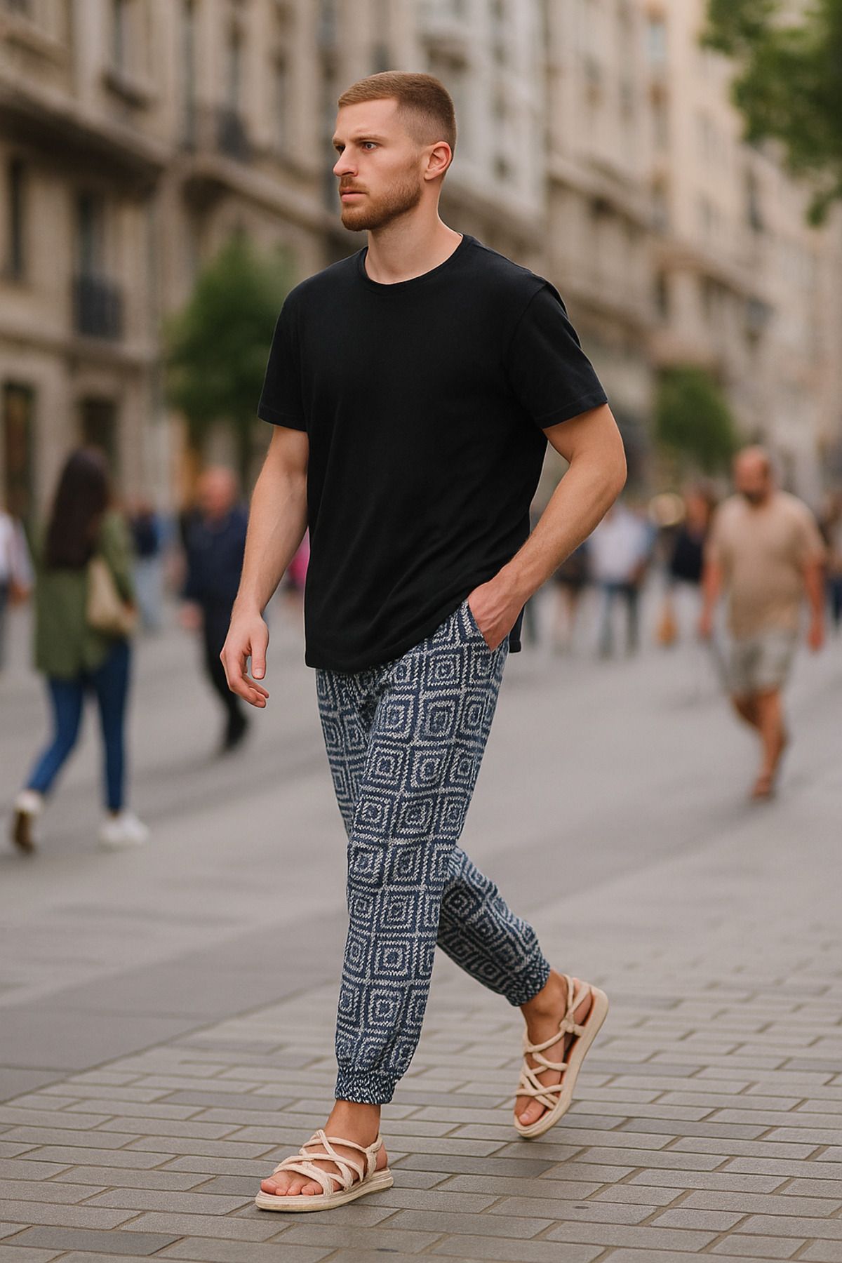 SUPERBLUE Erkek Yazlık Desenli Mavi Jogger Şalvar Pantolon