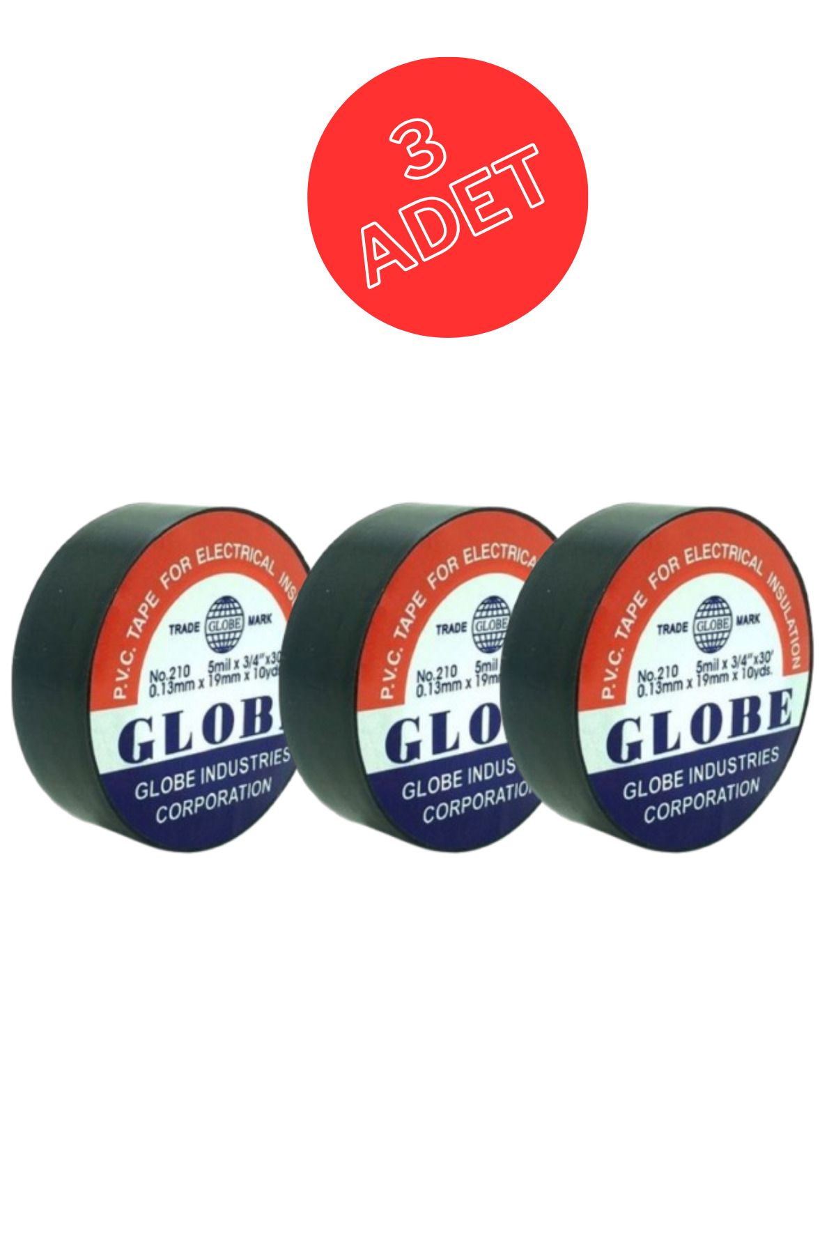 Globe 3 Adet Pvc İzolasyon Elektrik Bant "0.13xmm19xmm10yds" (SİYAH)