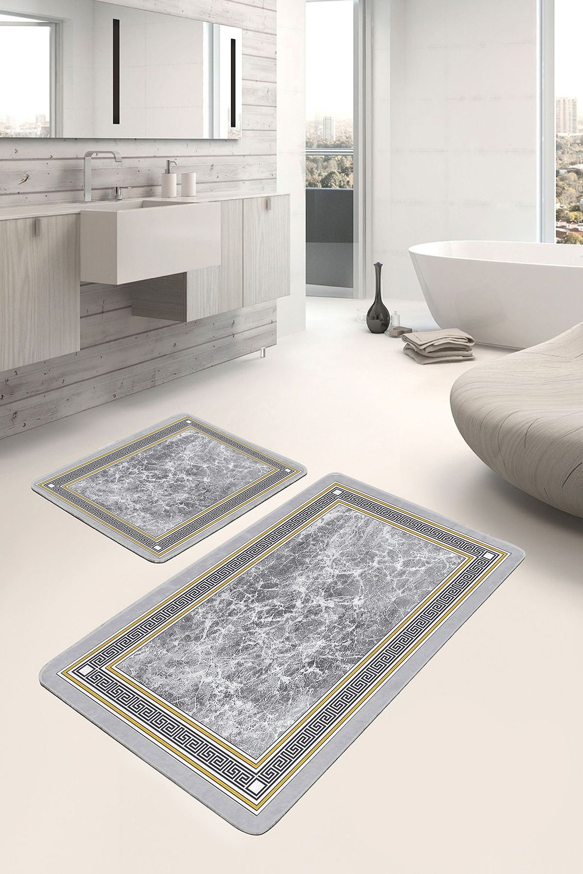 Realhomes Gri - Siyah Zeminde Çerçeveli Motifli Antika Avangarde Geometrik 2'li Banyo & Mutfak Paspas Takımı