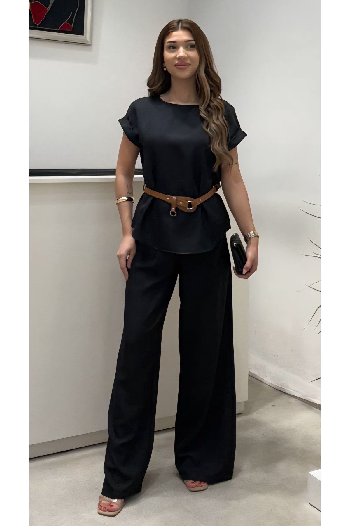 Şamdan Kemerli Keten Bluz Pantolon Takım