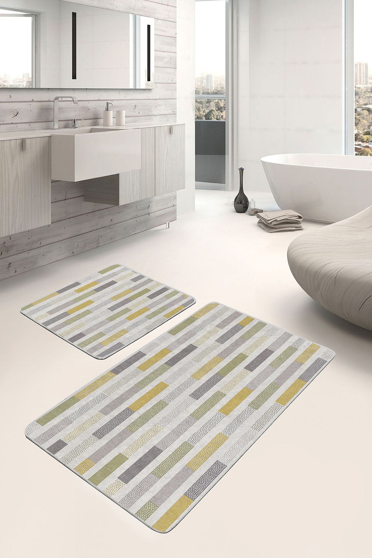 Realhomes 2'li Set Sarı - Krem Zeminde Şerit Motifli Kilim Geometrik Sade & Şık 2'li Banyo Paspas Takımı