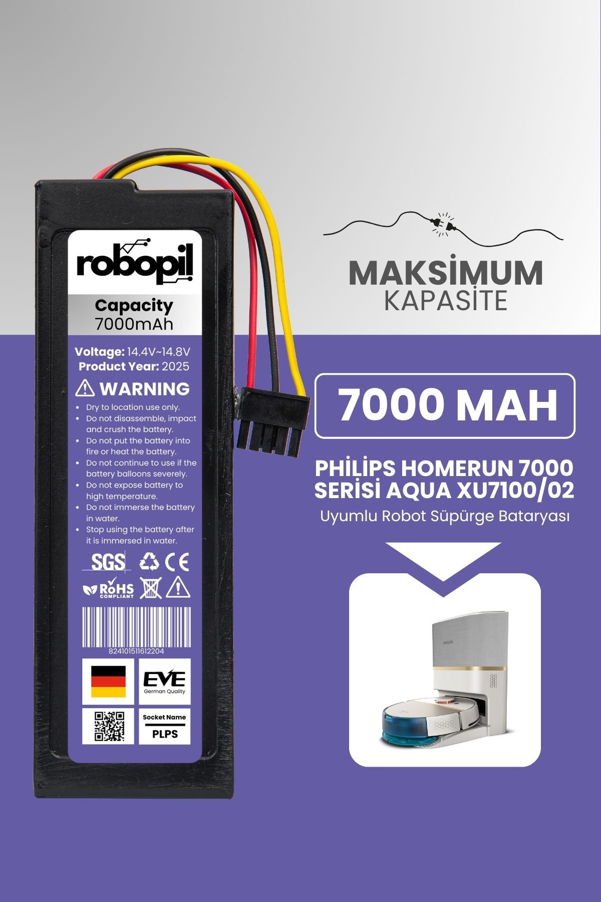 ROBOPİL Philips Homerun 7000 Serisi Aqua Uyumlu Robot Süpürge Bataryası (MAKSİMUM KAPASİTE) 7000mah