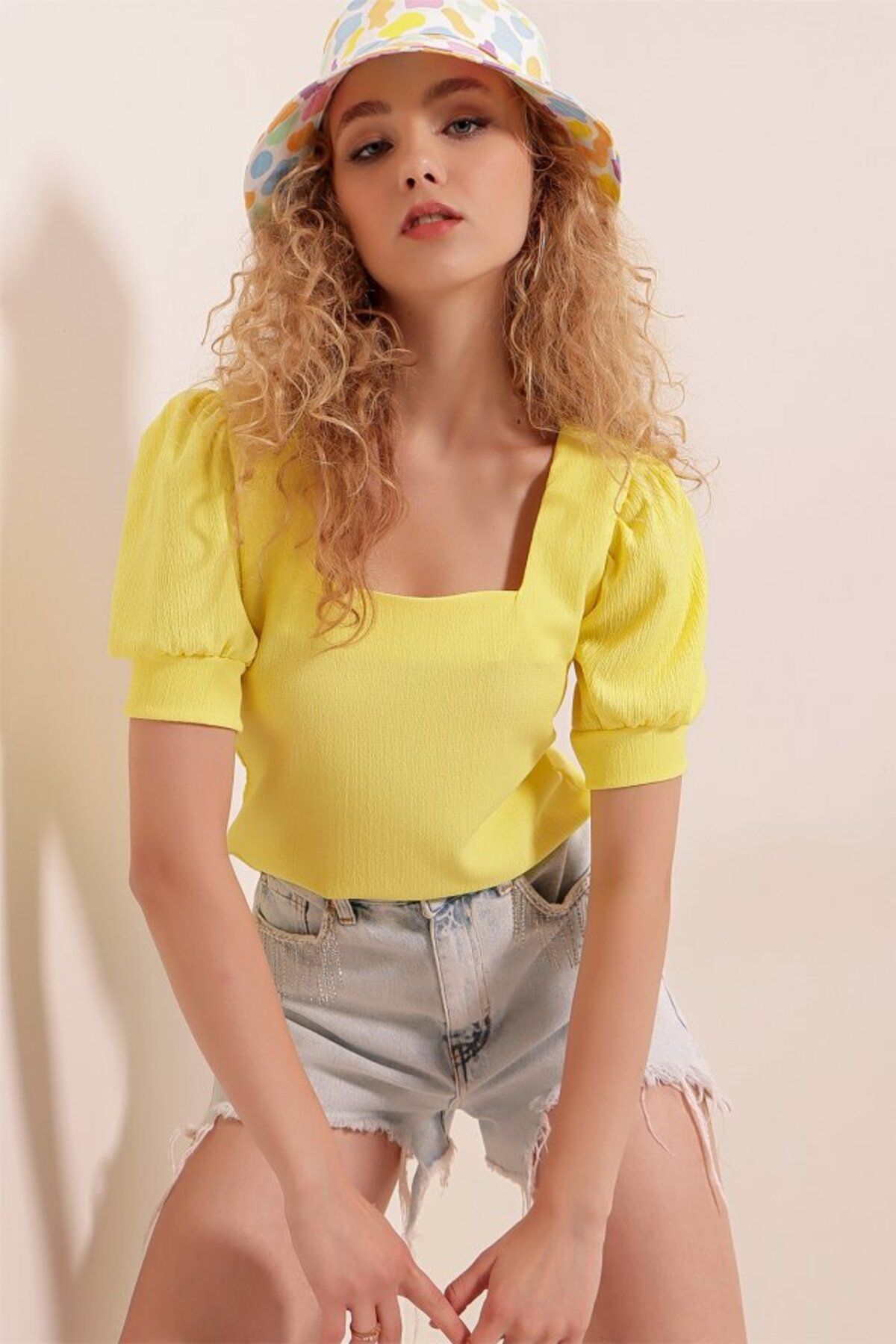 ETİLER COLLECTION 0409 Kare Yaka Örme Bluz - Sarı