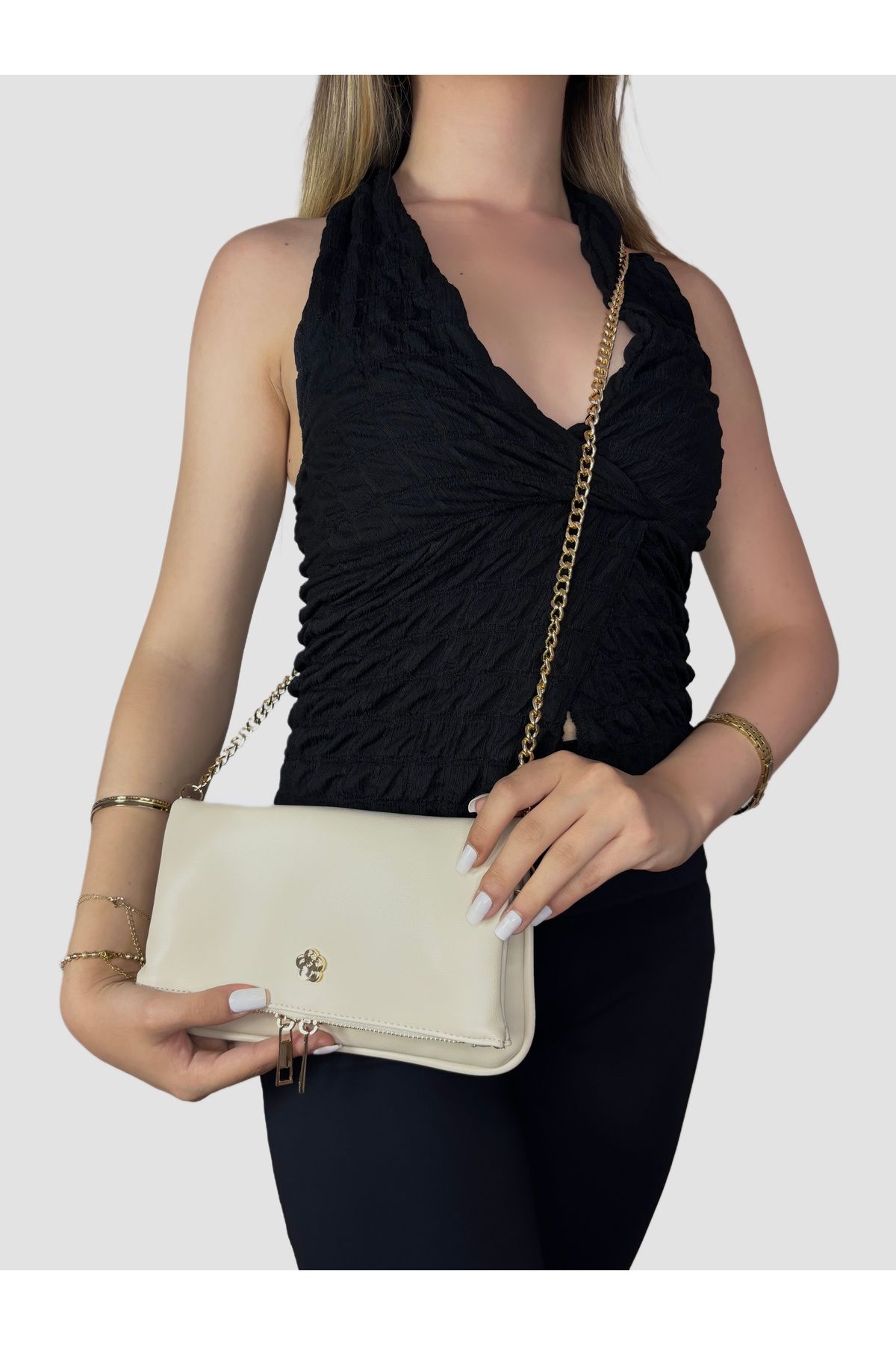 BK Bags & Accessories KREM ZİNCİR ASKILI EL VE OMUZ KADIN ÇANTASI