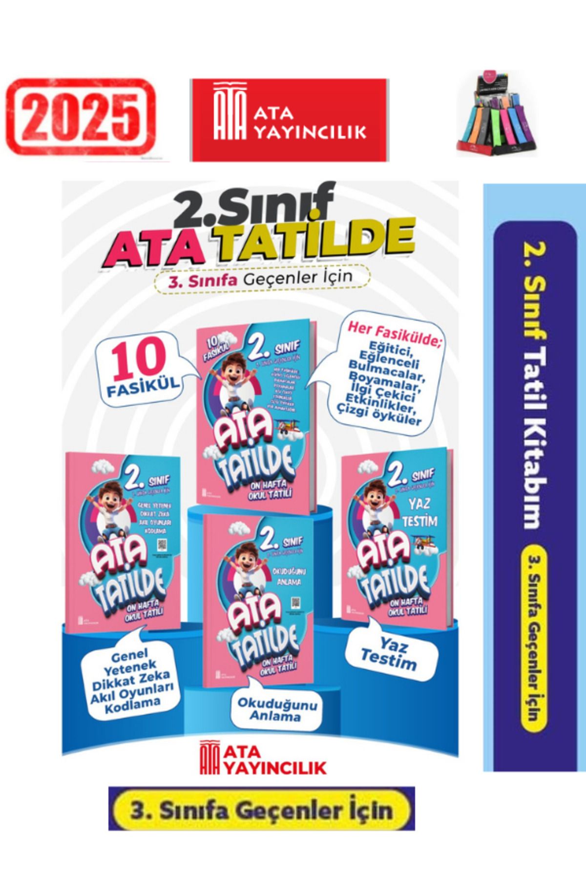 Fenomen Yayıncılık Güncel Ata Tatilde Ata Yayıncılık 2.Sınıf 4 Kitap 10 Fasikül Yaz Tatil seti+Kalemlik