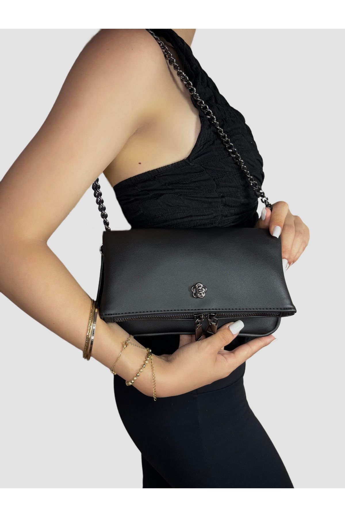 BK Bags & Accessories SİYAH ZİNCİR ASKILI EL VE OMUZ KADIN ÇANTASI