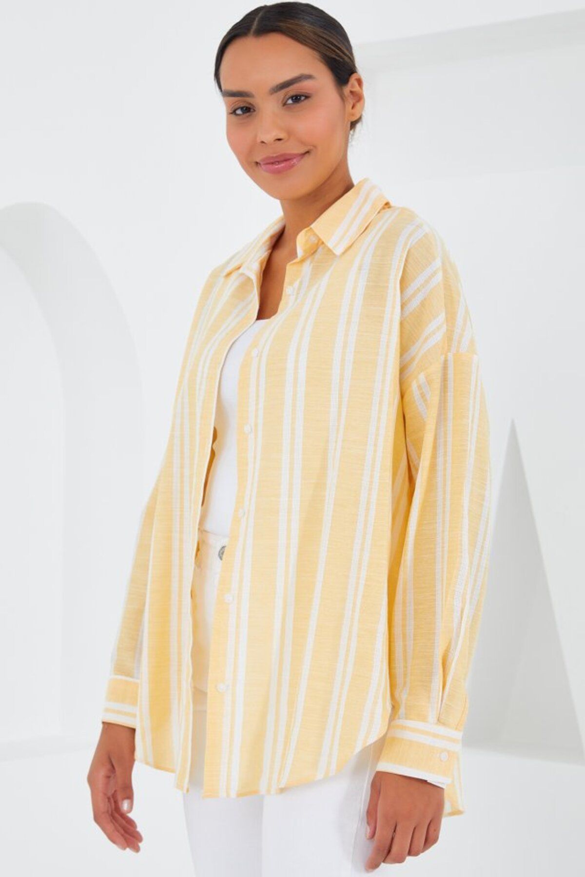 ETİLER COLLECTION Sarı Beyaz Çizgili Oversize Keten Gömlek 20251