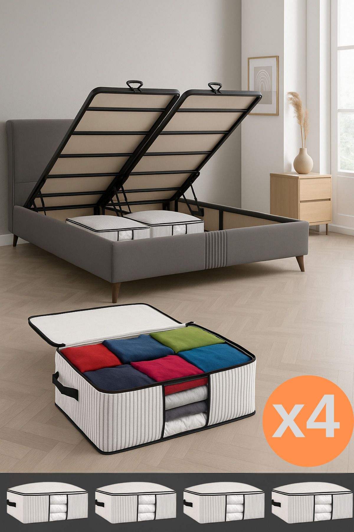 teknotrust Baza ve yatak altı uyumlu 4 adet pencereli dolap düzenleyici hurç, 64x45x22 cm