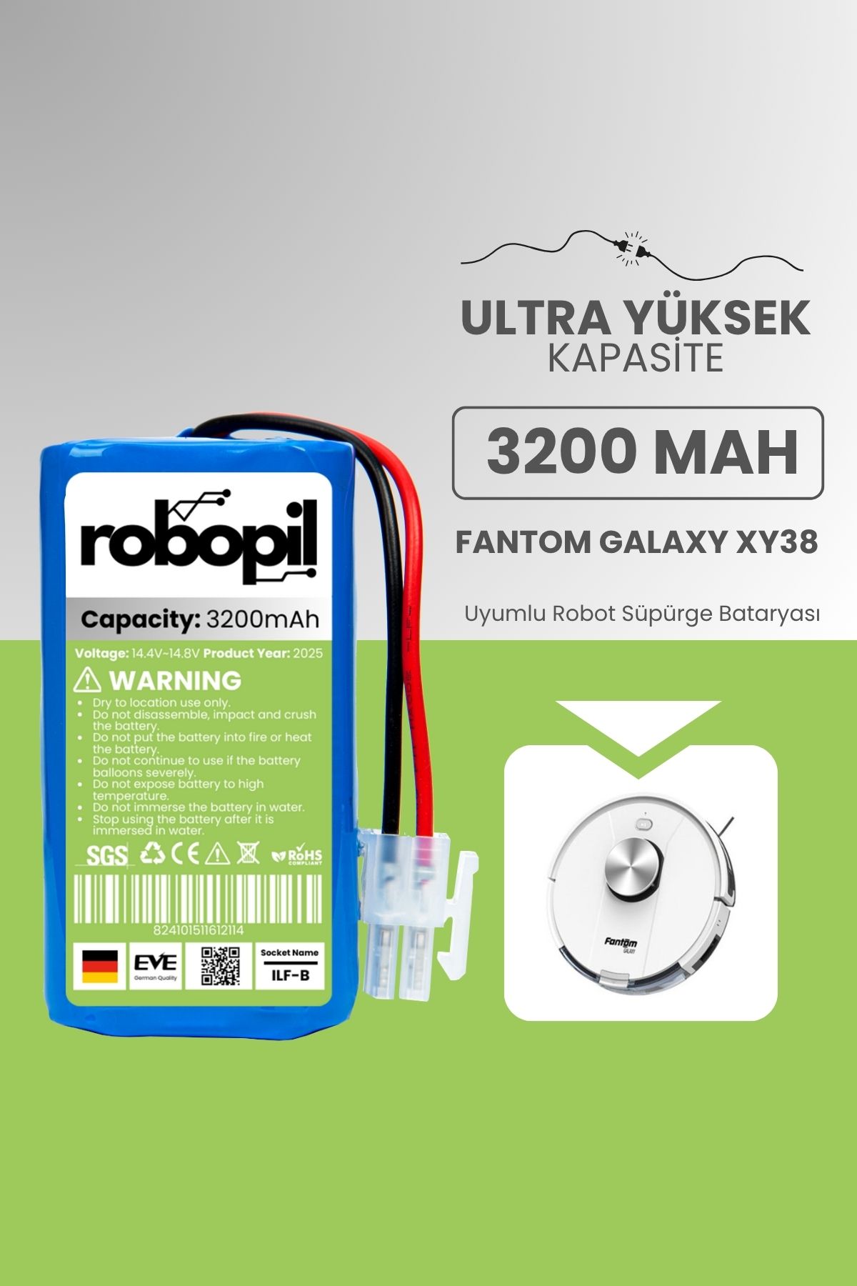 ROBOPİL Fantom Galaxy XY38 Pil Batarya [Ultra Yüksek Kapasite] 3200mah Akıllı Robot Süpürge Bataryası
