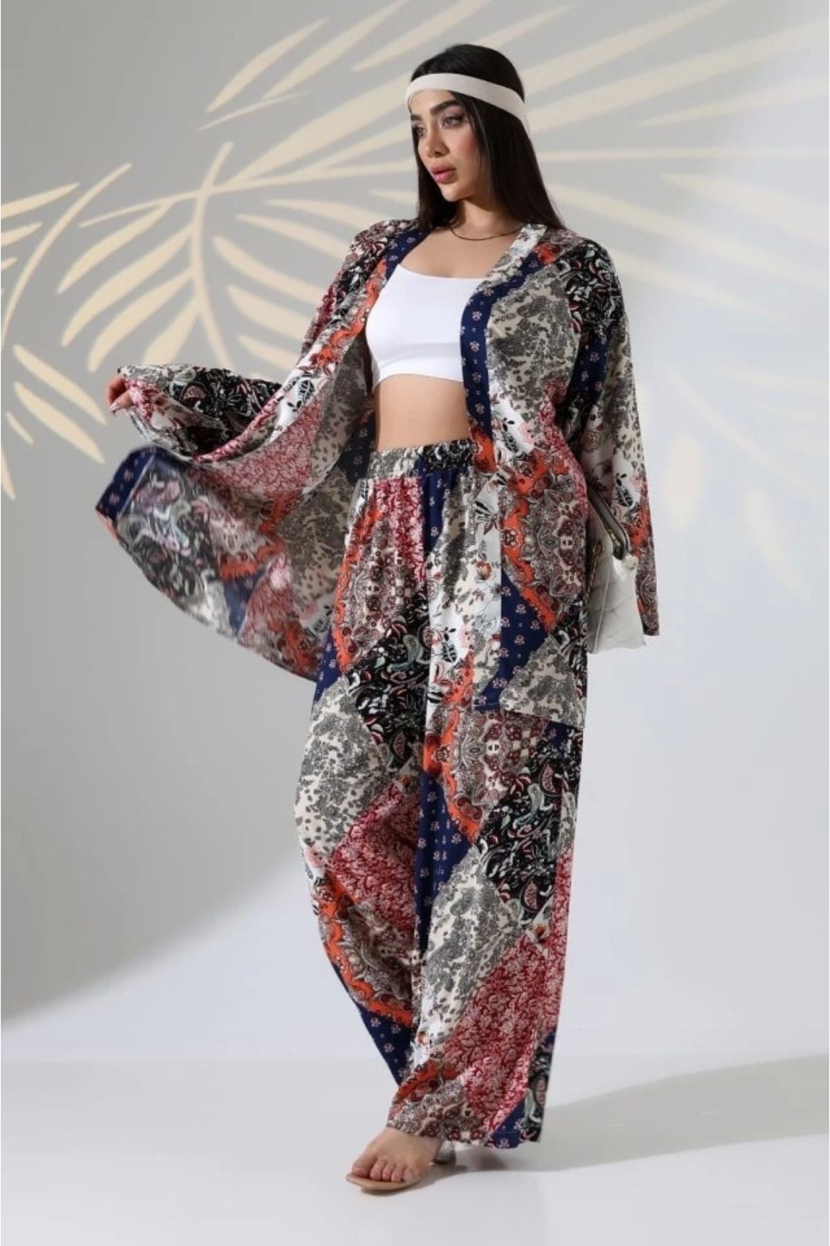 buHillco Kadın Kilim Desenli Uzun Kollu Önü Açık Bol Kesim Kimono Takım