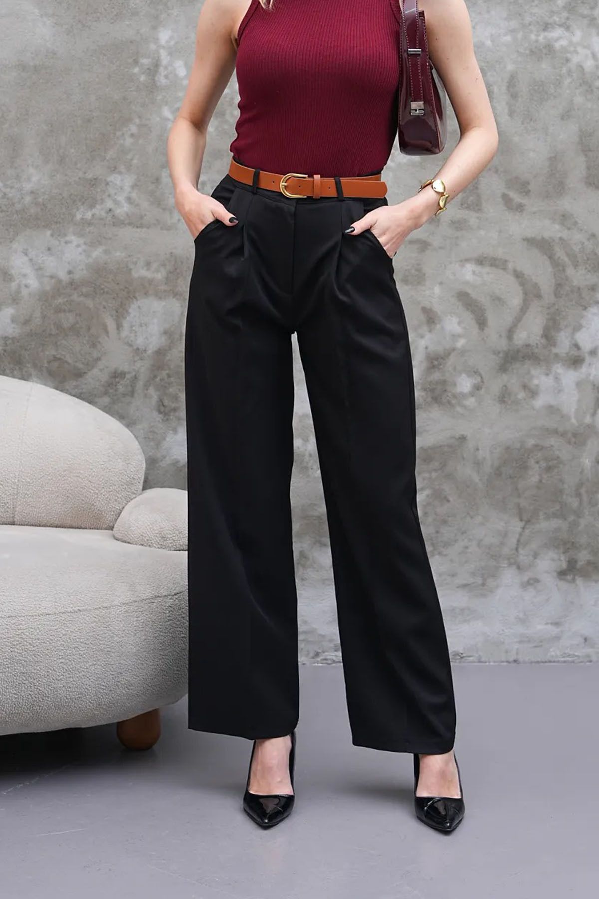 LAND MODA Kadın yüksek bel bol paça kemerli Pileli dokuma Kumaş Palazzo Pantolon