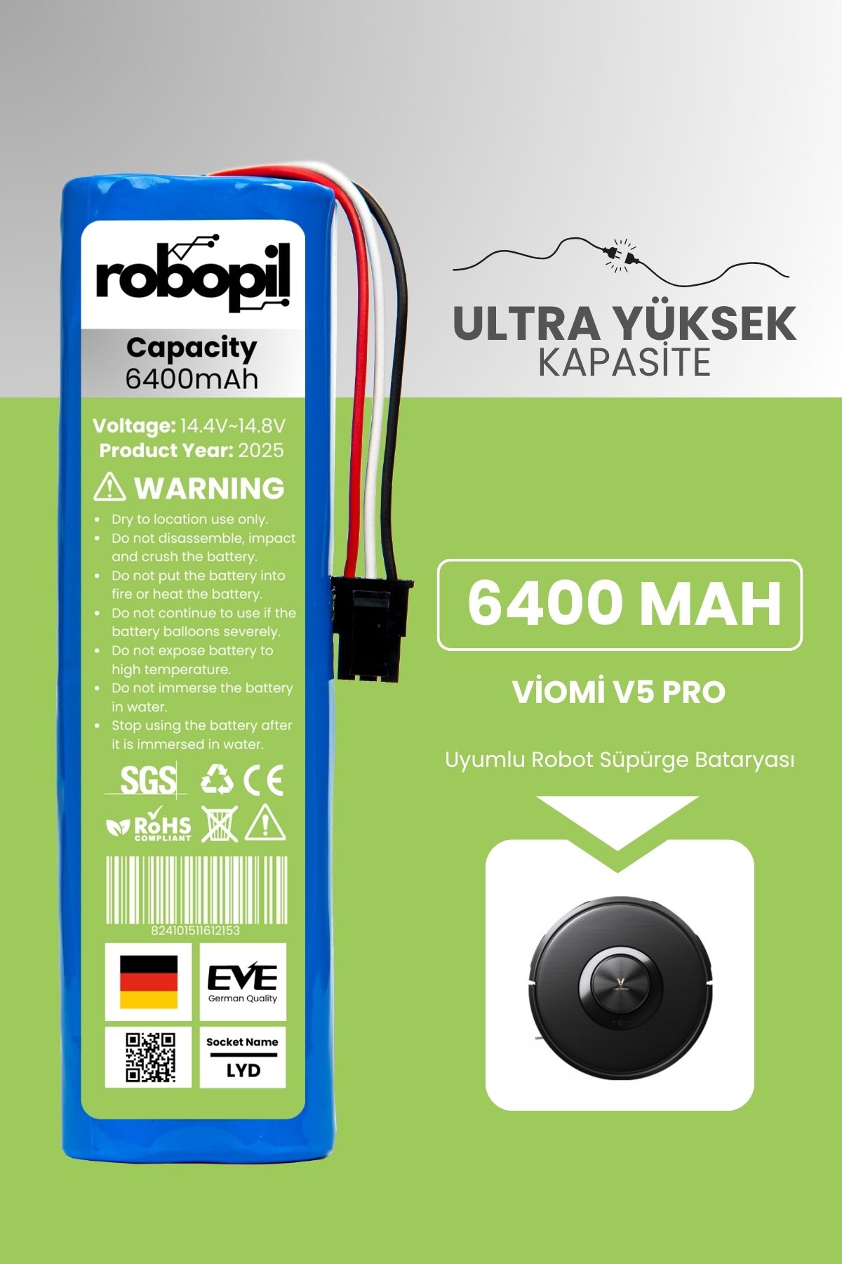 ROBOPİL Viomi V5 Pro Uyumlu Batarya (ULTRA YÜKSEK KAPASİTE) 6400mah Pil Robot Süpürge Bataryası Değişimi