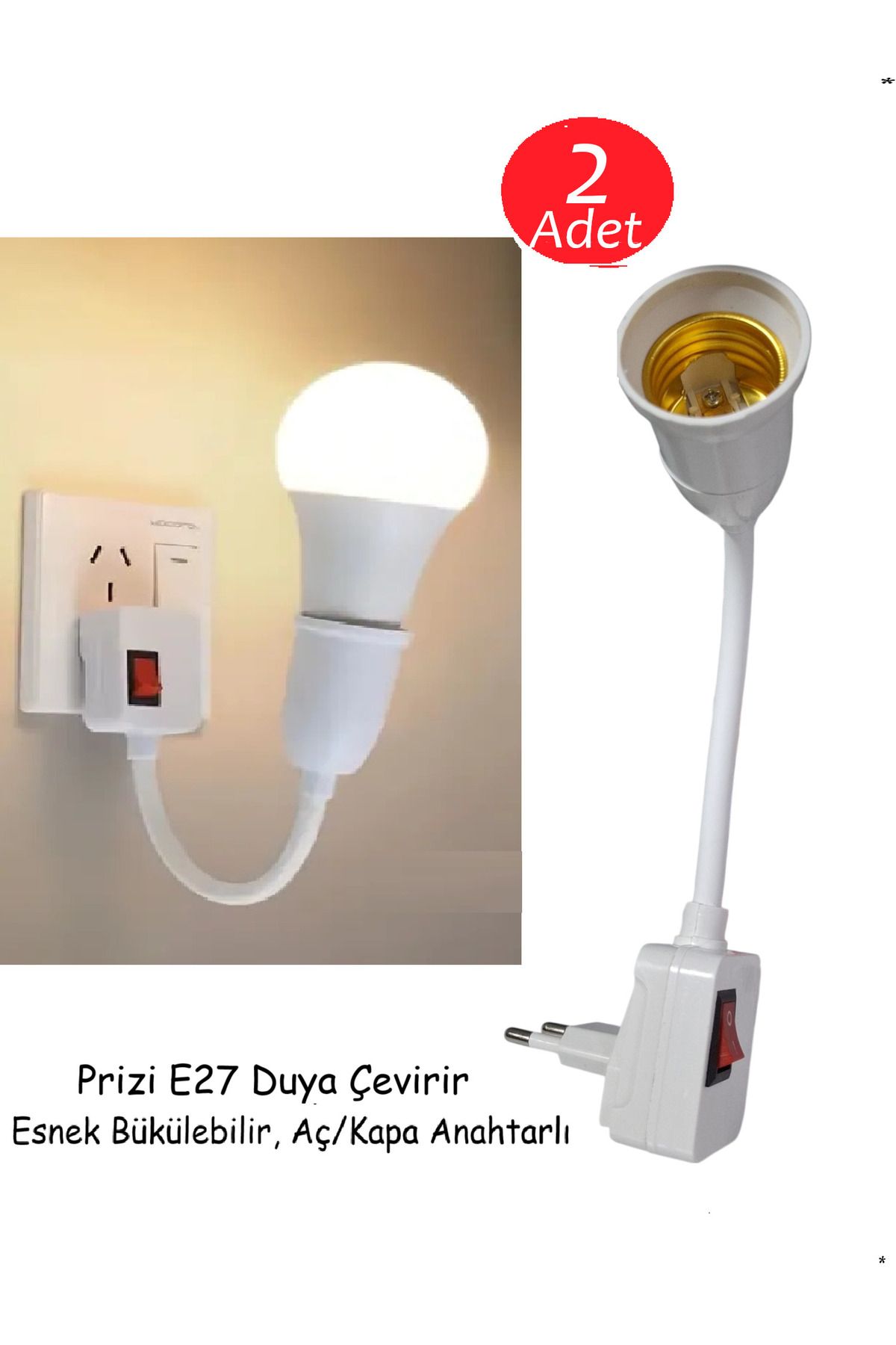 Vwin Prizi E27 Duya Dönüştürücü 360 C° Esnek Bükülebilir Duy Aç/Kapa Anahtarlı (2 Adet)
