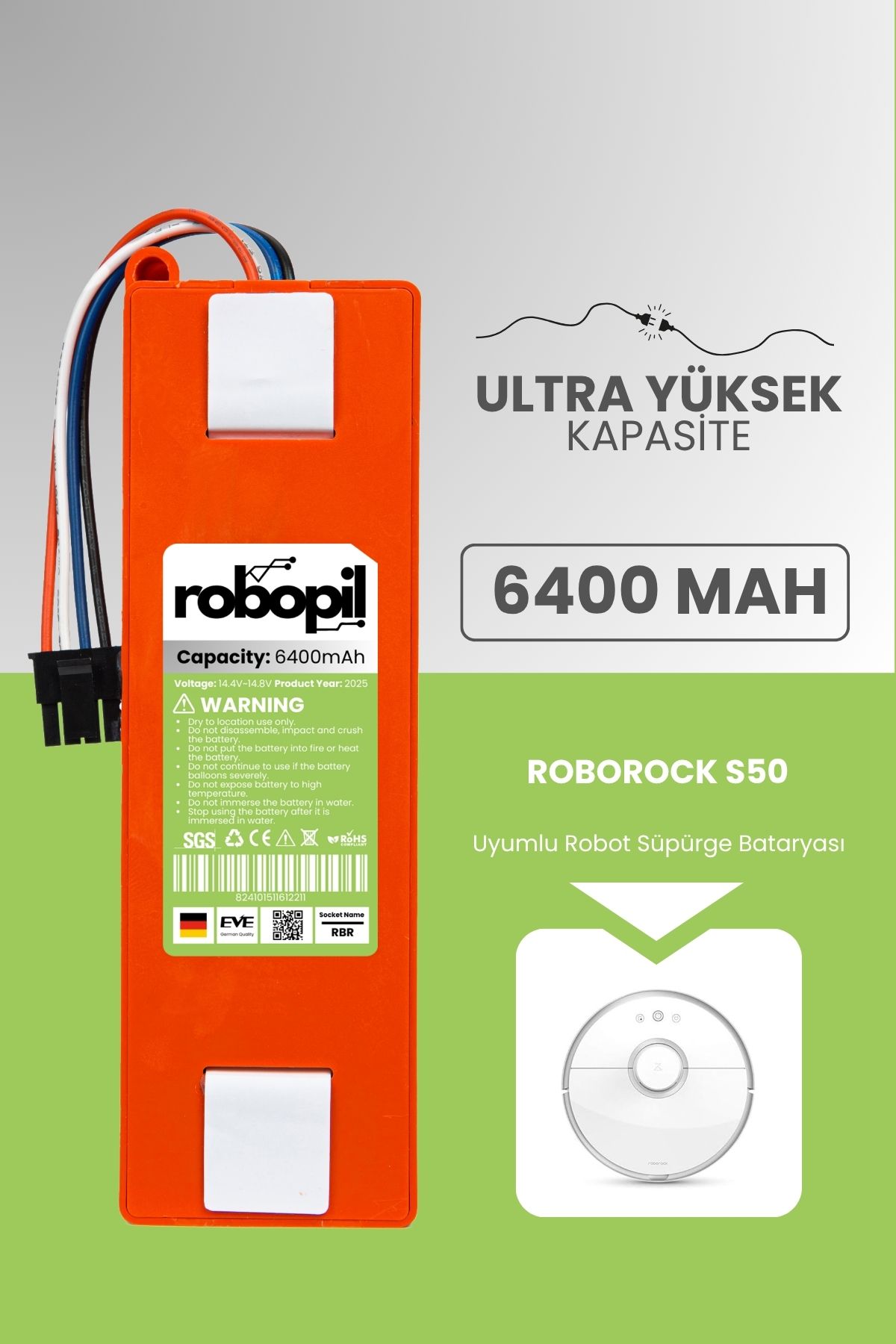ROBOPİL Roborock S50 Pil Batarya Kutulu [Ultra Yüksek Kapasite] 6400mah Akıllı Robot Süpürge Bataryası