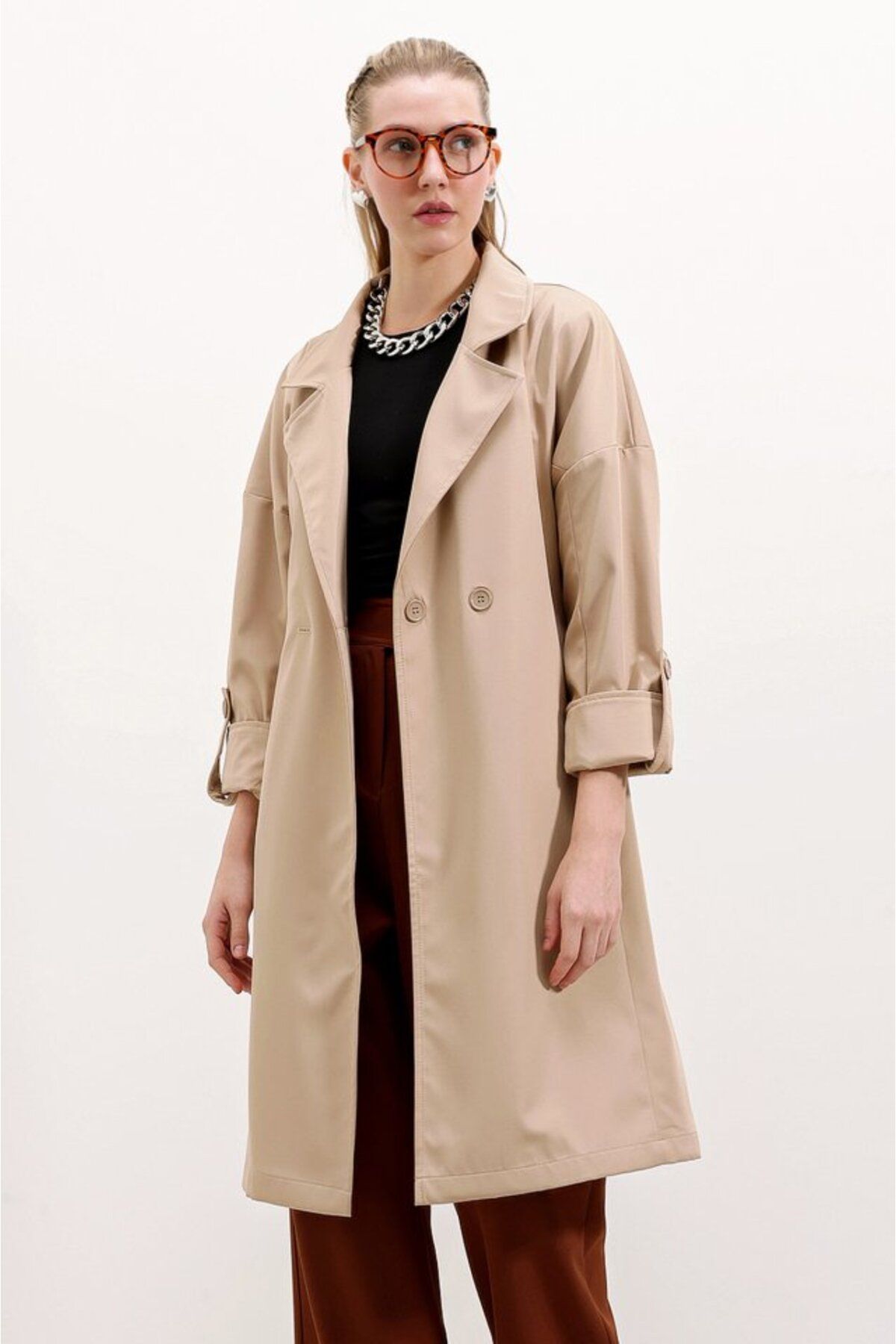 ETİLER COLLECTION 9104 Kruvaze Yaka Astarlı Trençkot - Bej