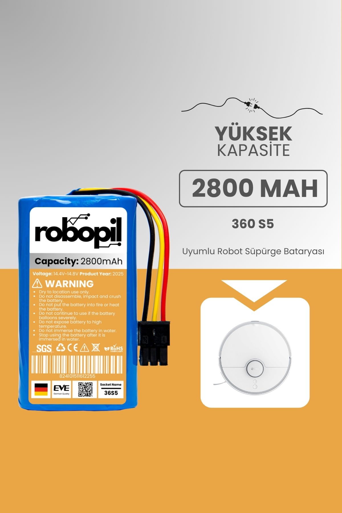ROBOPİL 360 S5 Batarya (YÜKSEK KAPASİTE) 2800mah Pil Akıllı Robot Süpürge Batarya Değişimi
