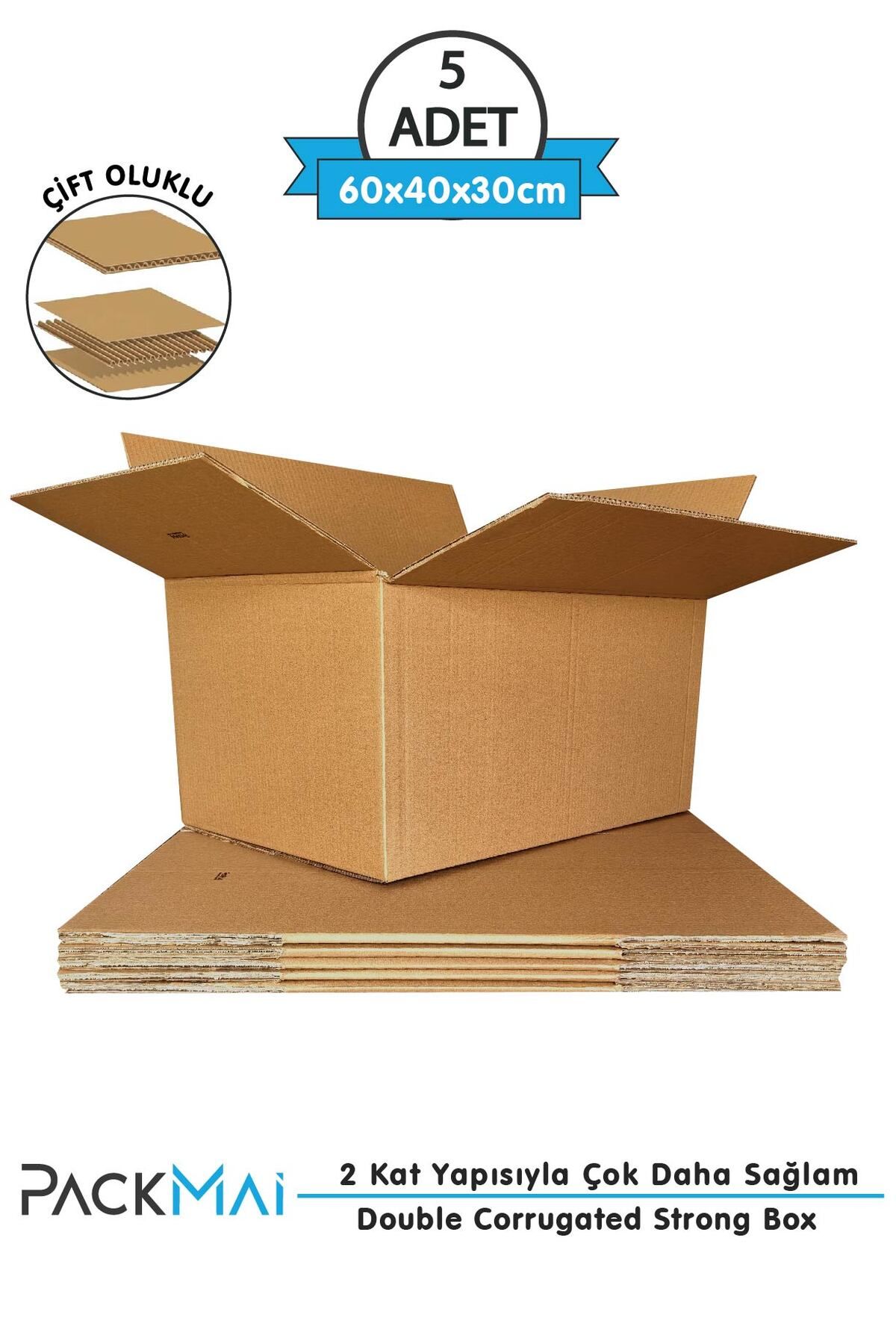 PackMai 60x40x30cm 5ADET 1.Kalite 6mm Çift Oluklu Kalın Karton Koli Kutu (Ev Taşıma-Kargo-Taşınma-Çeyiz)