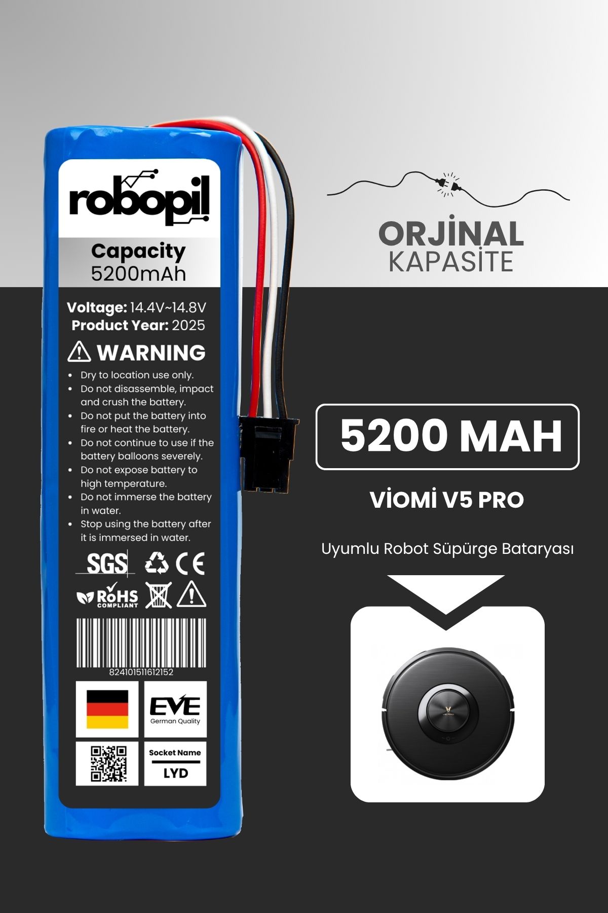 ROBOPİL Viomi V5 Pro Uyumlu Batarya (STANDART KAPASİTE) 5200mah Pil Robot Süpürge Bataryası Değişimi
