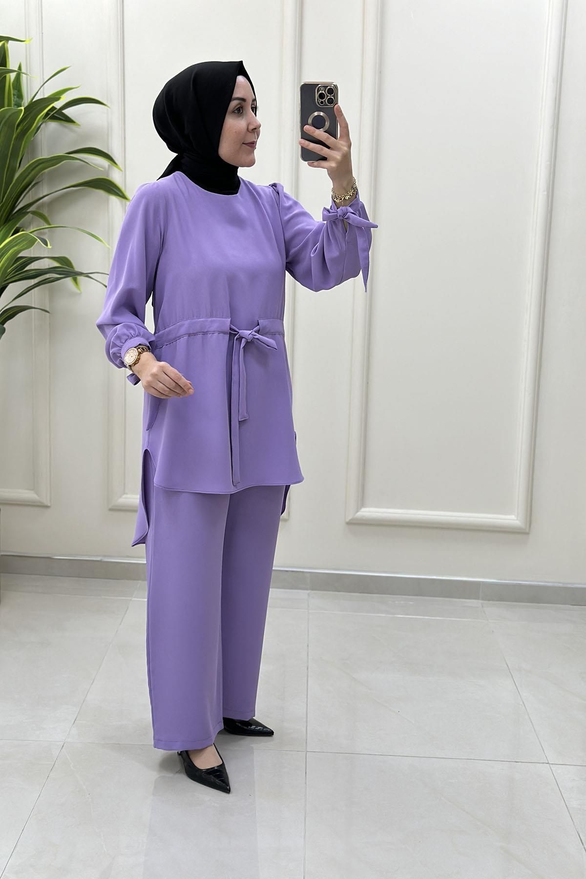 sff Beli Kemerli Kolu Kurdele Detaylı Tunik ve Pantolon Kadın İkili Takım Lila SFF 1871