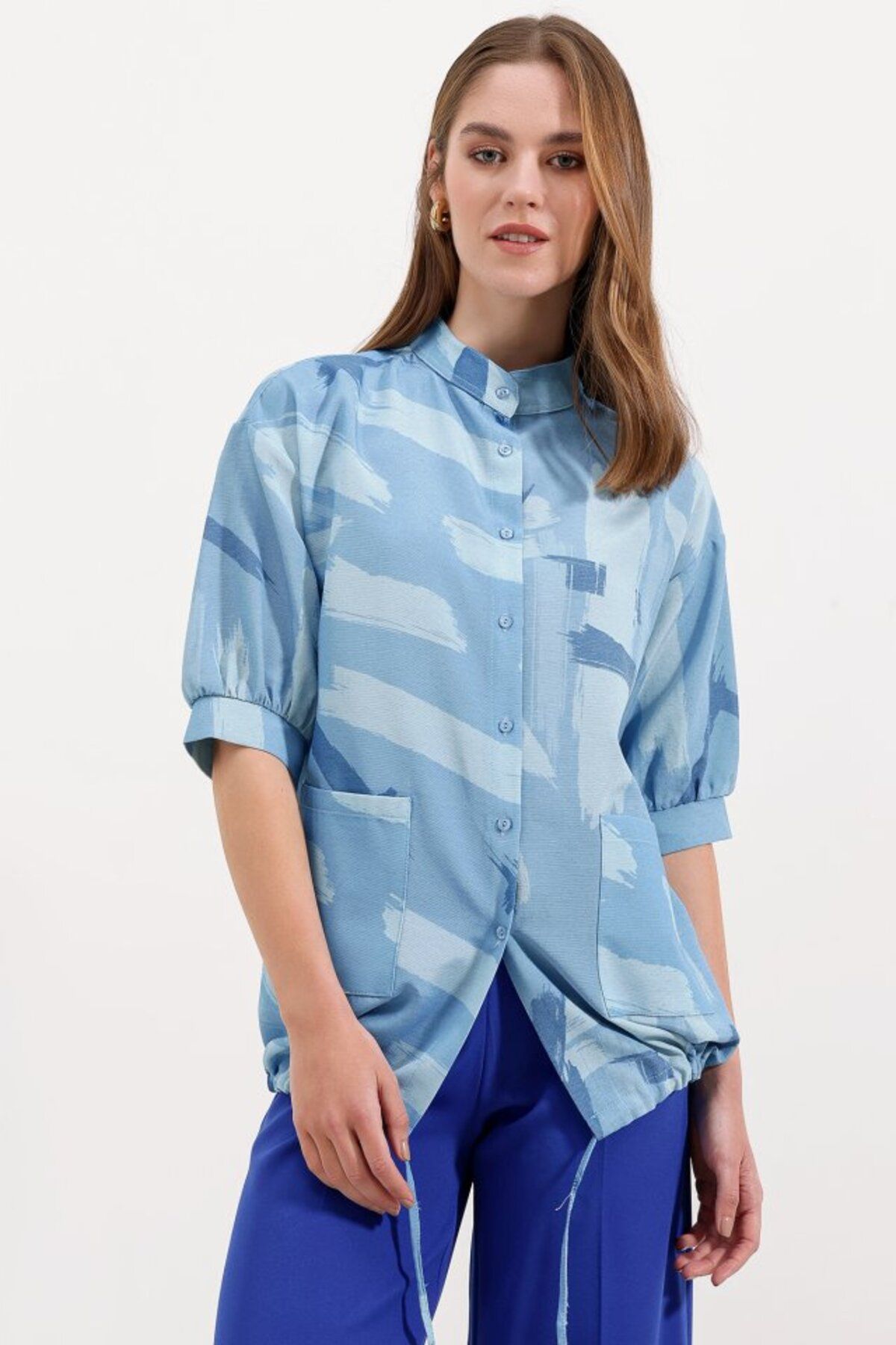 ETİLER COLLECTION 20226 Desenli Oversize Gömlek - Mavi