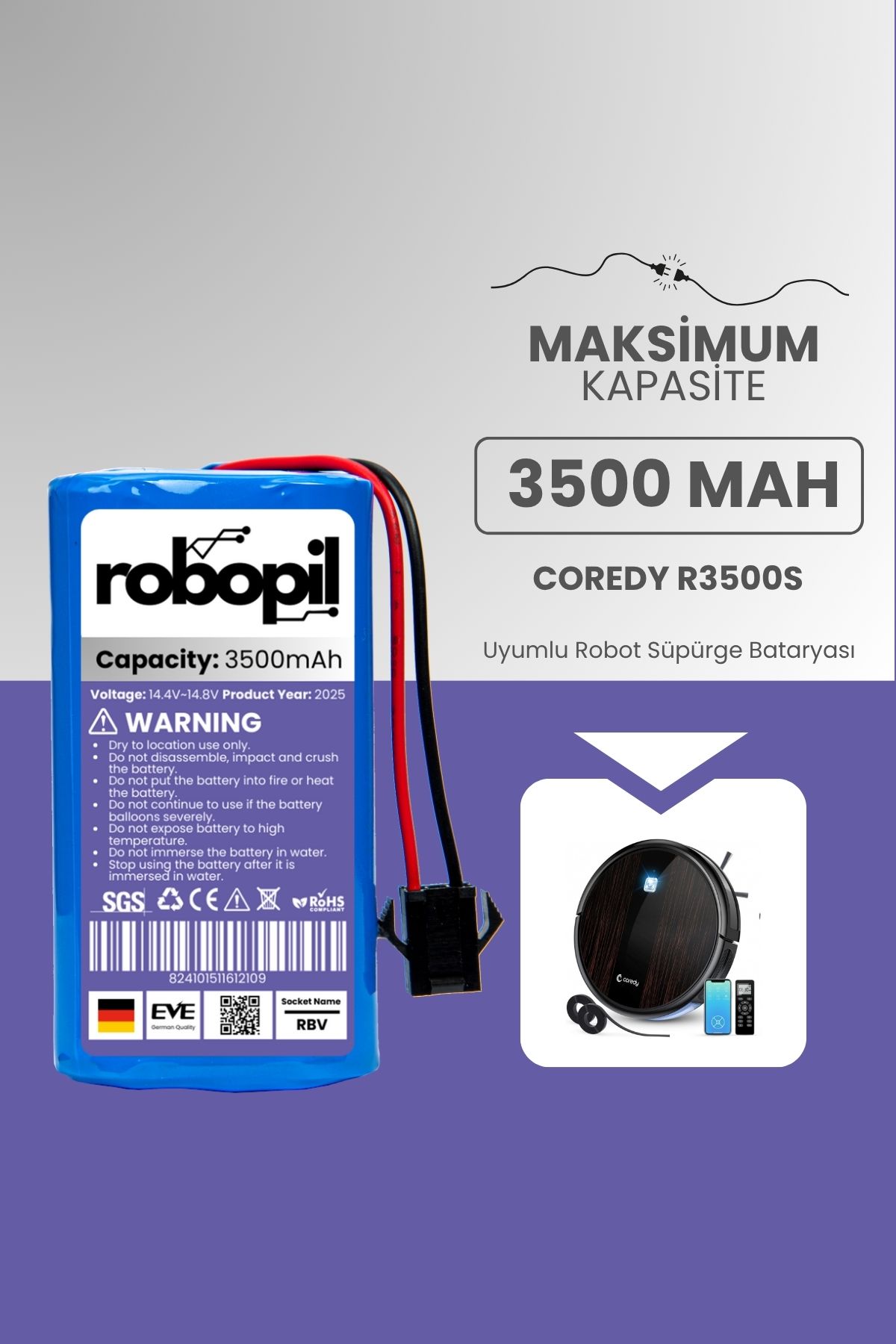 ROBOPİL Coredy R3500s Pil Batarya [Maksimum Kapasite] 3500mah Akıllı Robot Süpürge Bataryası Değişimi