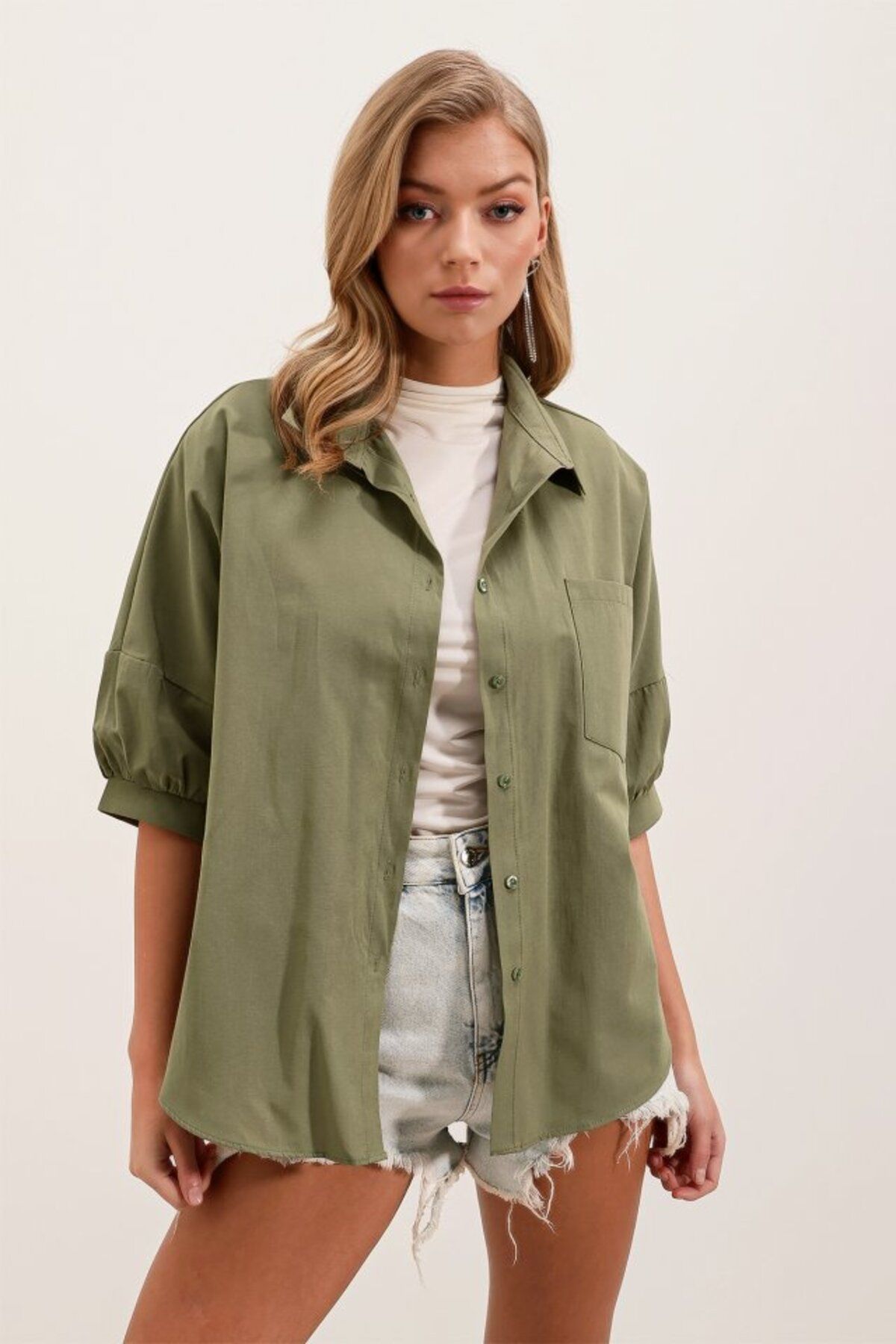ETİLER COLLECTION 20213 Oversize Kısa Kol Basic Gömlek - Haki