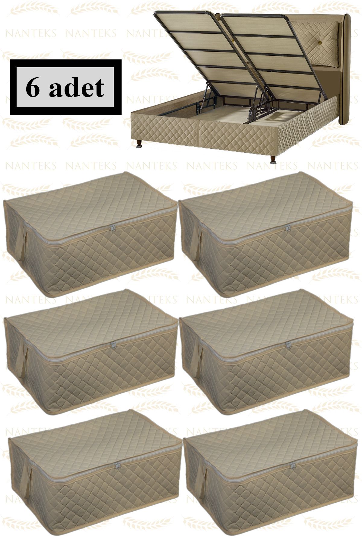 teknotrust 6 Adet Kapitone Desenli Baza Altı Saklama Hurcu 60x40x22 (Krem)