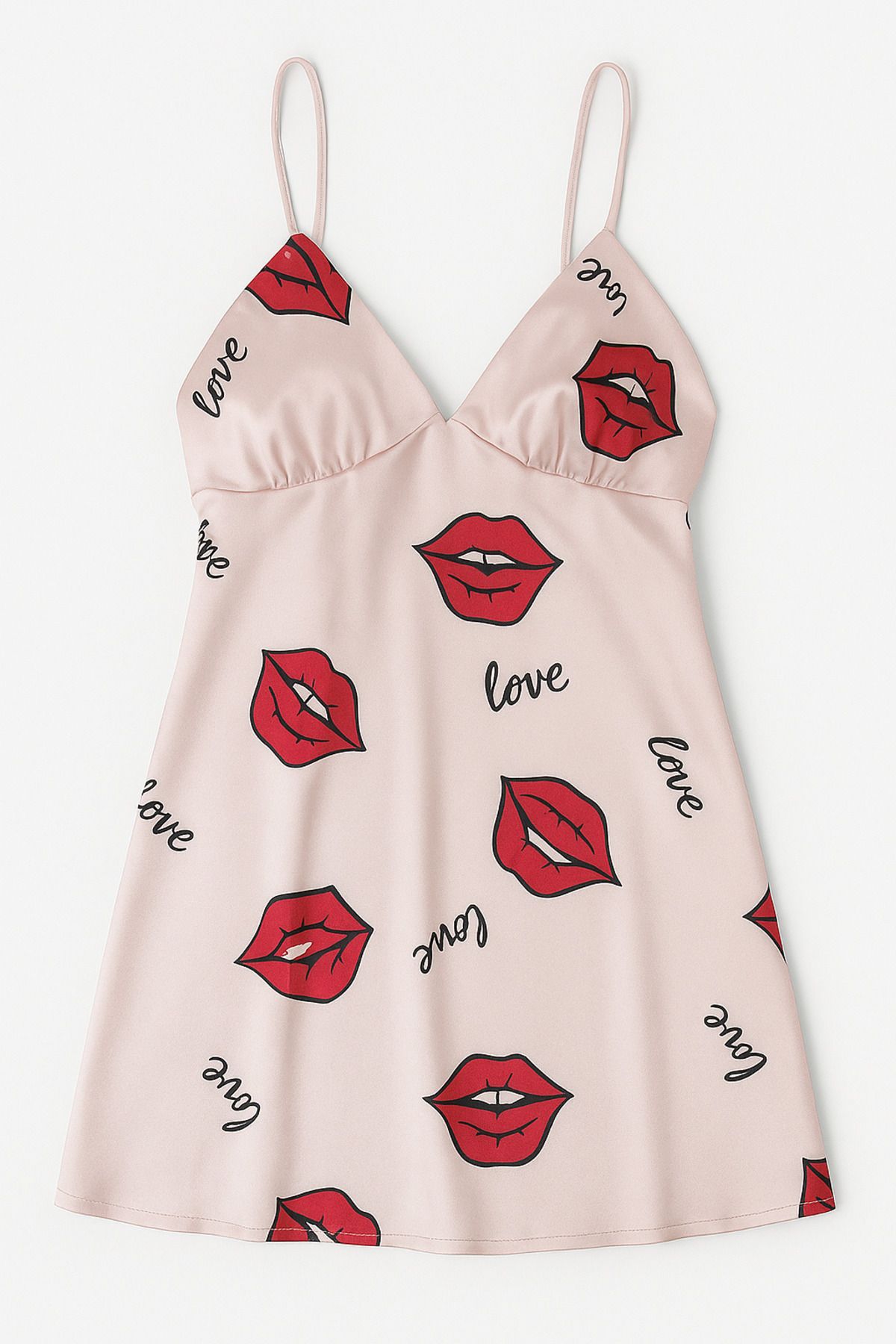 AMOR Love Kiss Desenli İnce Askılı Saten Gecelik - Pudra