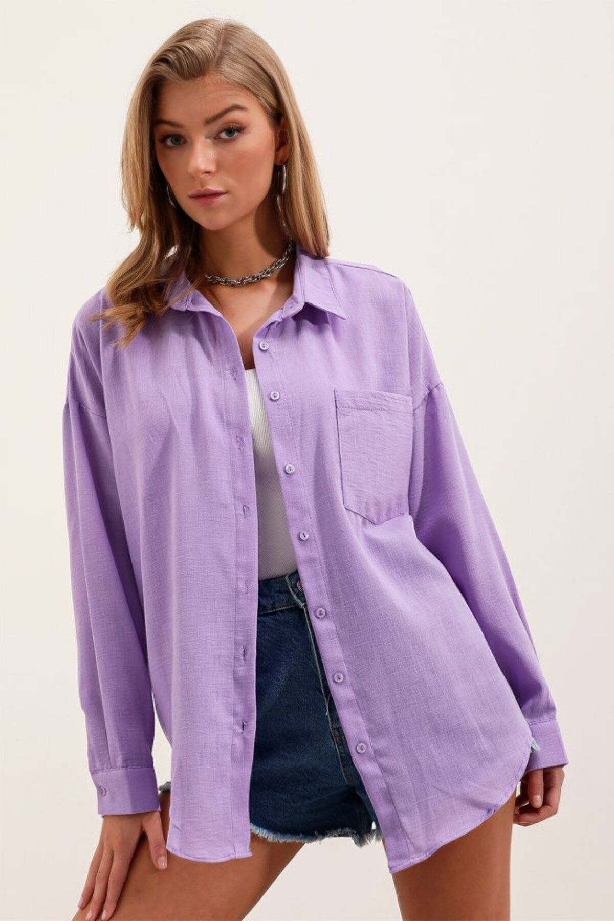 ETİLER COLLECTION 20153 Tek Cepli Oversize Keten Gömlek - Lila