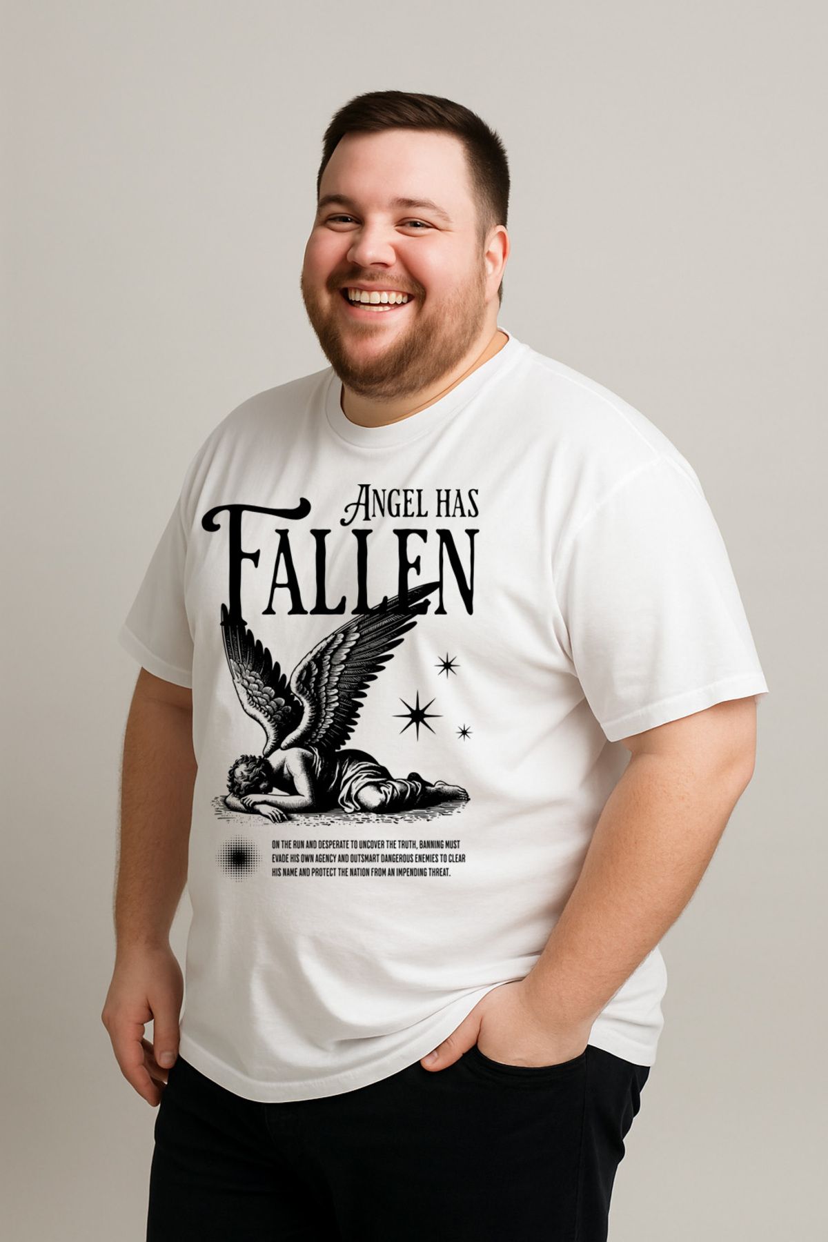 DogFish Beyaz AngelHasFallen Baskılı Tişört Soft Dokunuş