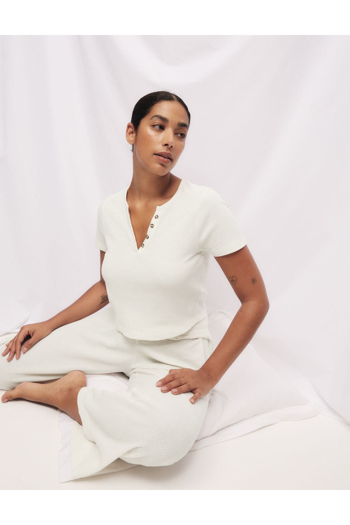 Marks & Spencer Pamuk Karışımlı Waffle Henley Pijama Seti