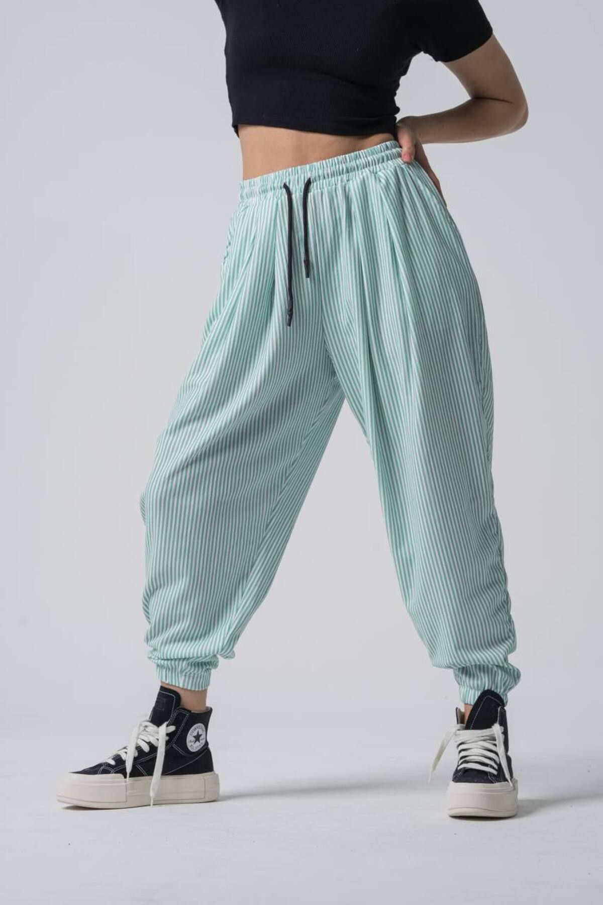 SUPERBLUE Kadın Desenli Yazlık Mint Jogger Şalvar Pantolon